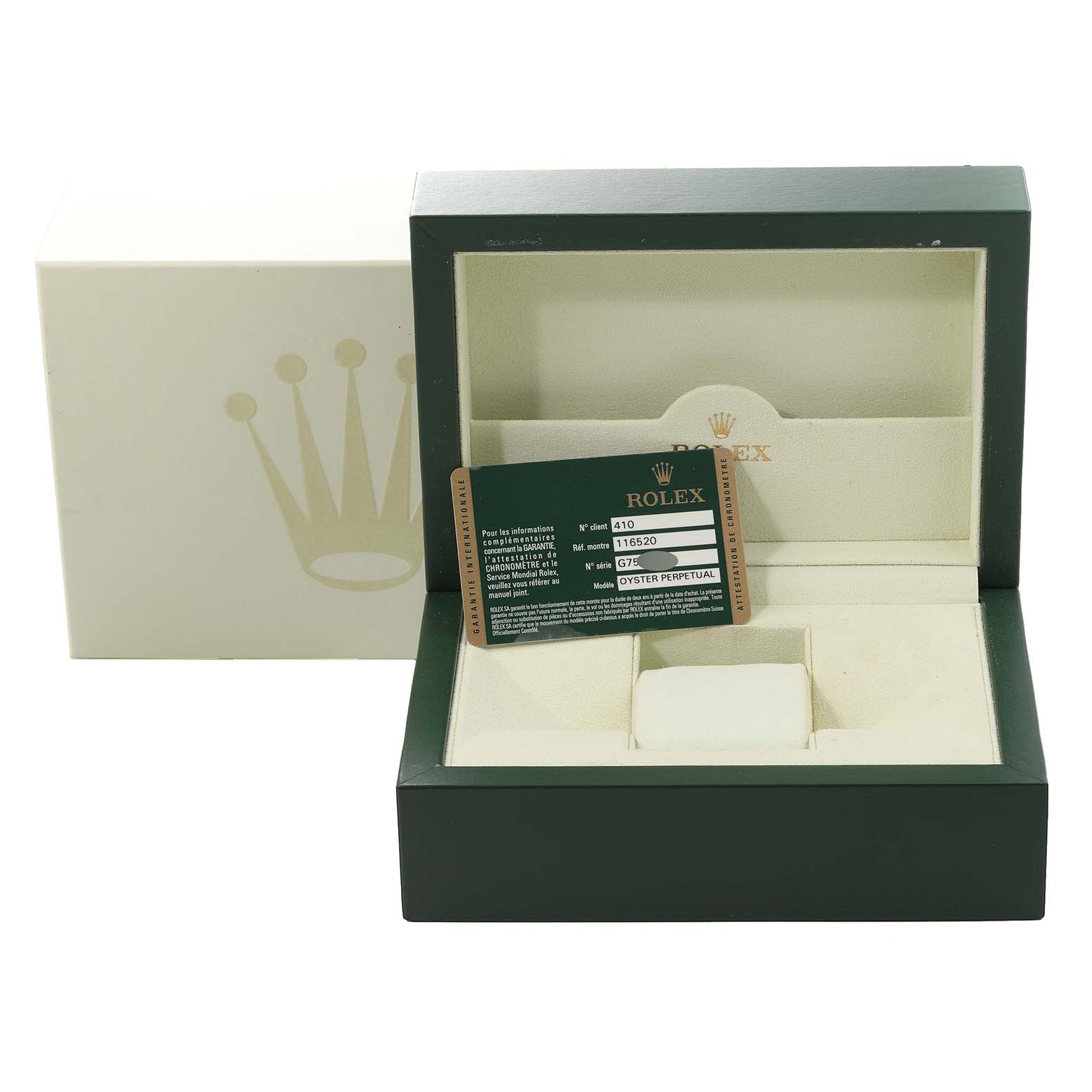 The image shows the box and warranty card for a Rolex Daytona 116520 Men
s Stainless Steel Black Dial 116520 Men
s Stainless Steel Black Dial watch, without the watch itself.