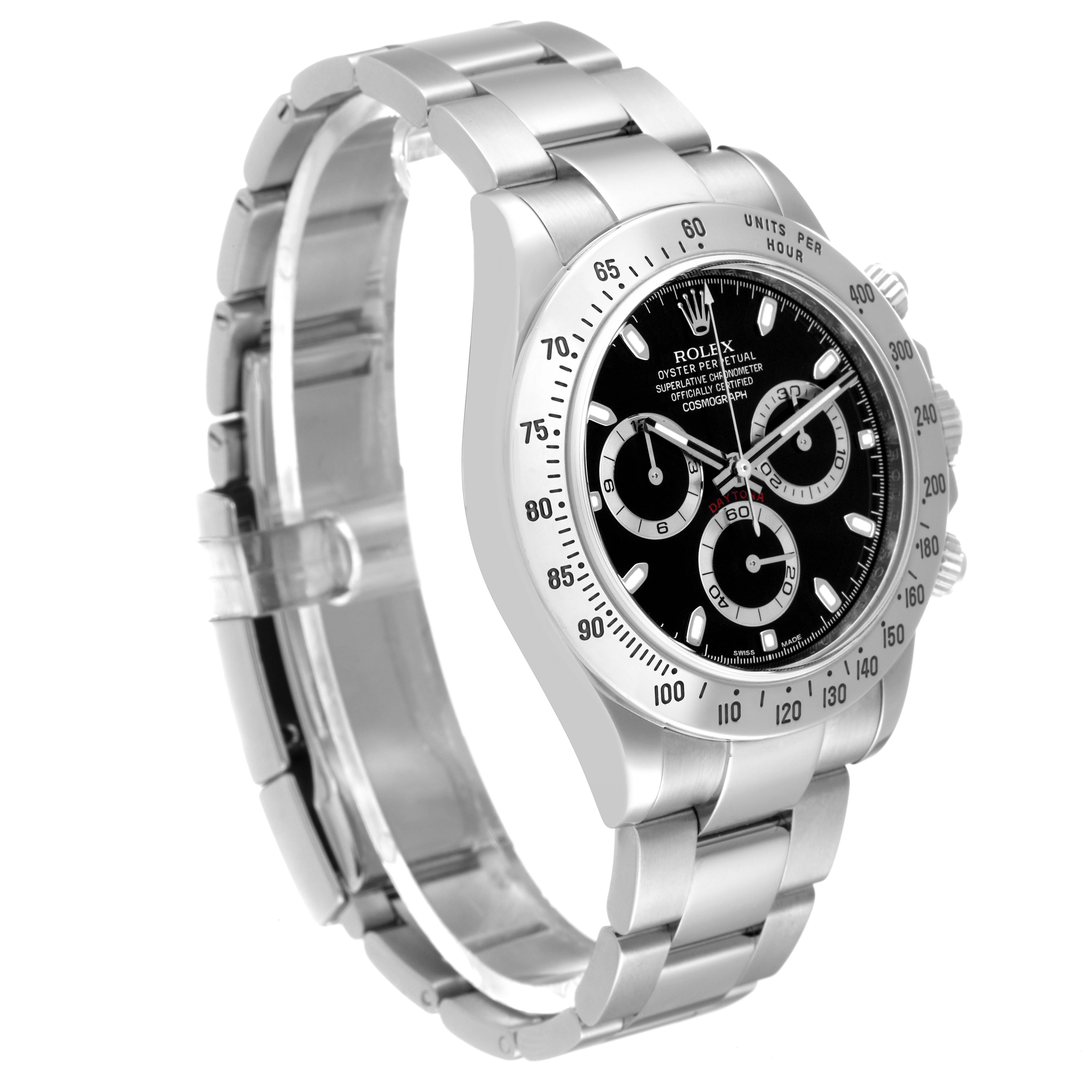 The image showcases a Rolex Daytona 116520 Men
s Stainless Steel Black Dial 116520 Men
s Stainless Steel Black Dial watch from a front-left angle, highlighting the stainless steel band and black dial.