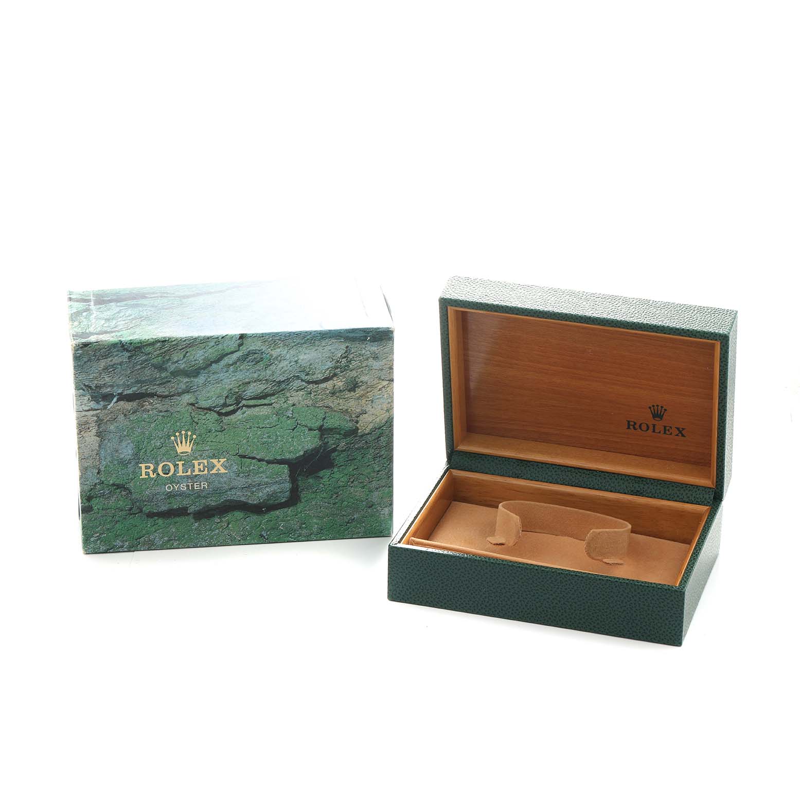 The image shows the Rolex Daytona 16523 Men
s Steel and Gold (two tone) Champagne Dial packaging box and open display case from a front angle.