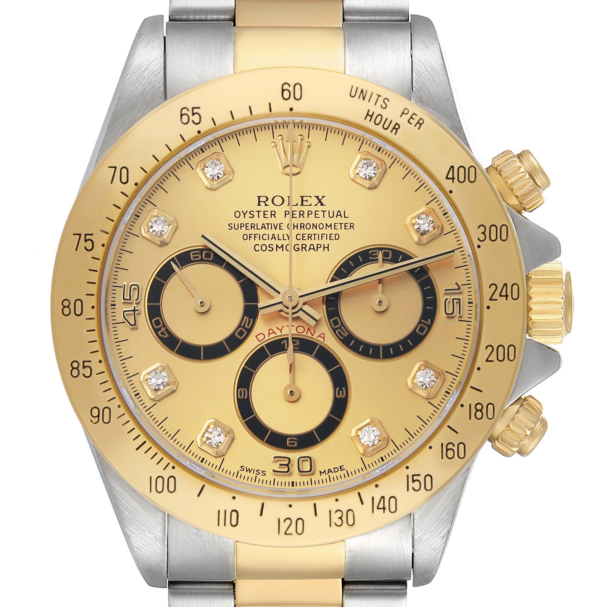 The image shows a front view of a Rolex Daytona 16523 Men
s Steel and Gold (two tone) Champagne Dial watch, highlighting its gold bezel, dial, and chronograph subdials.