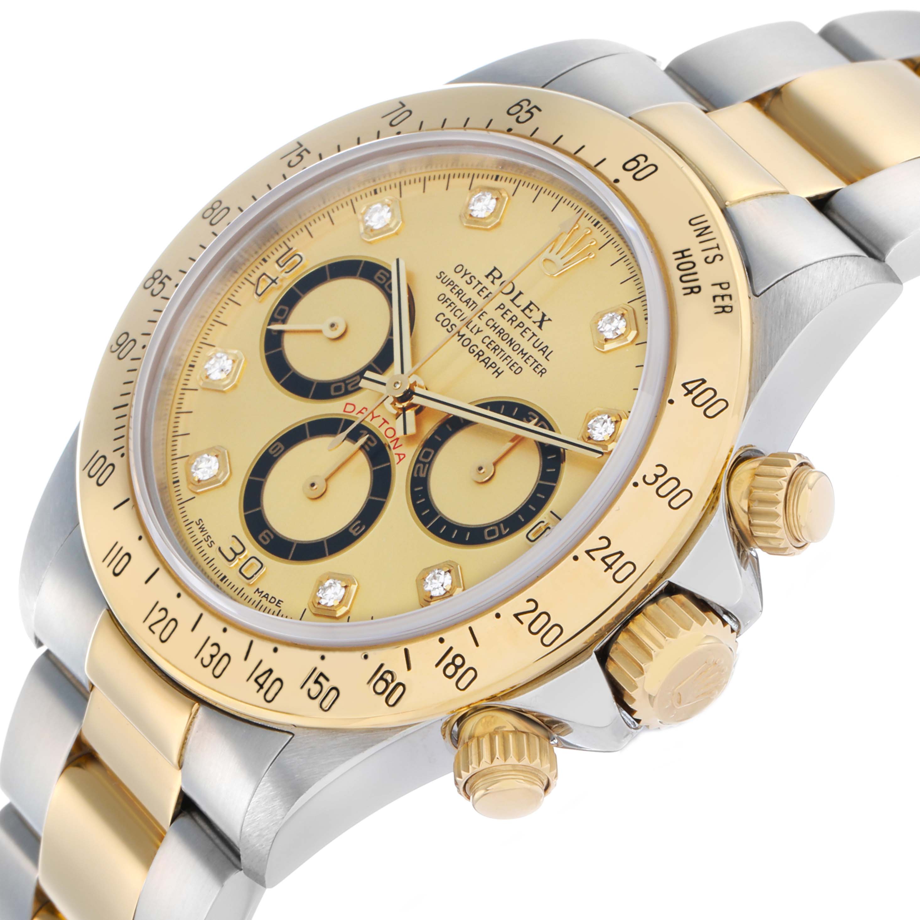 The Rolex Daytona 16523 Men
s Steel and Gold (two tone) Champagne Dial watch is shown at an angled side view, highlighting the dial, bezel, chronograph dials, and crown.