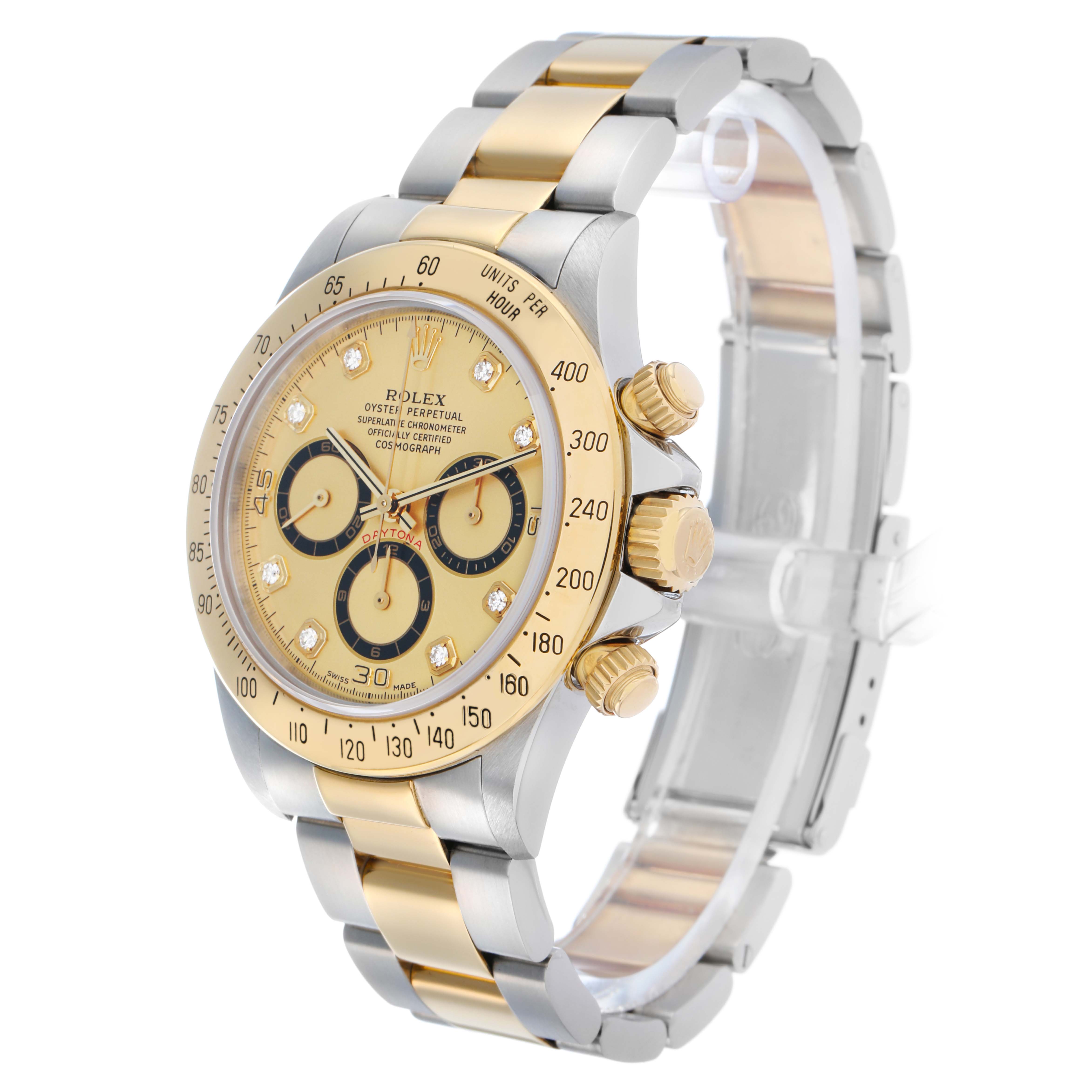 The Rolex Daytona 16523 Men
s Steel and Gold (two tone) Champagne Dial watch is shown at a three-quarter angle, highlighting its gold and steel bracelet, bezel, and subdials.