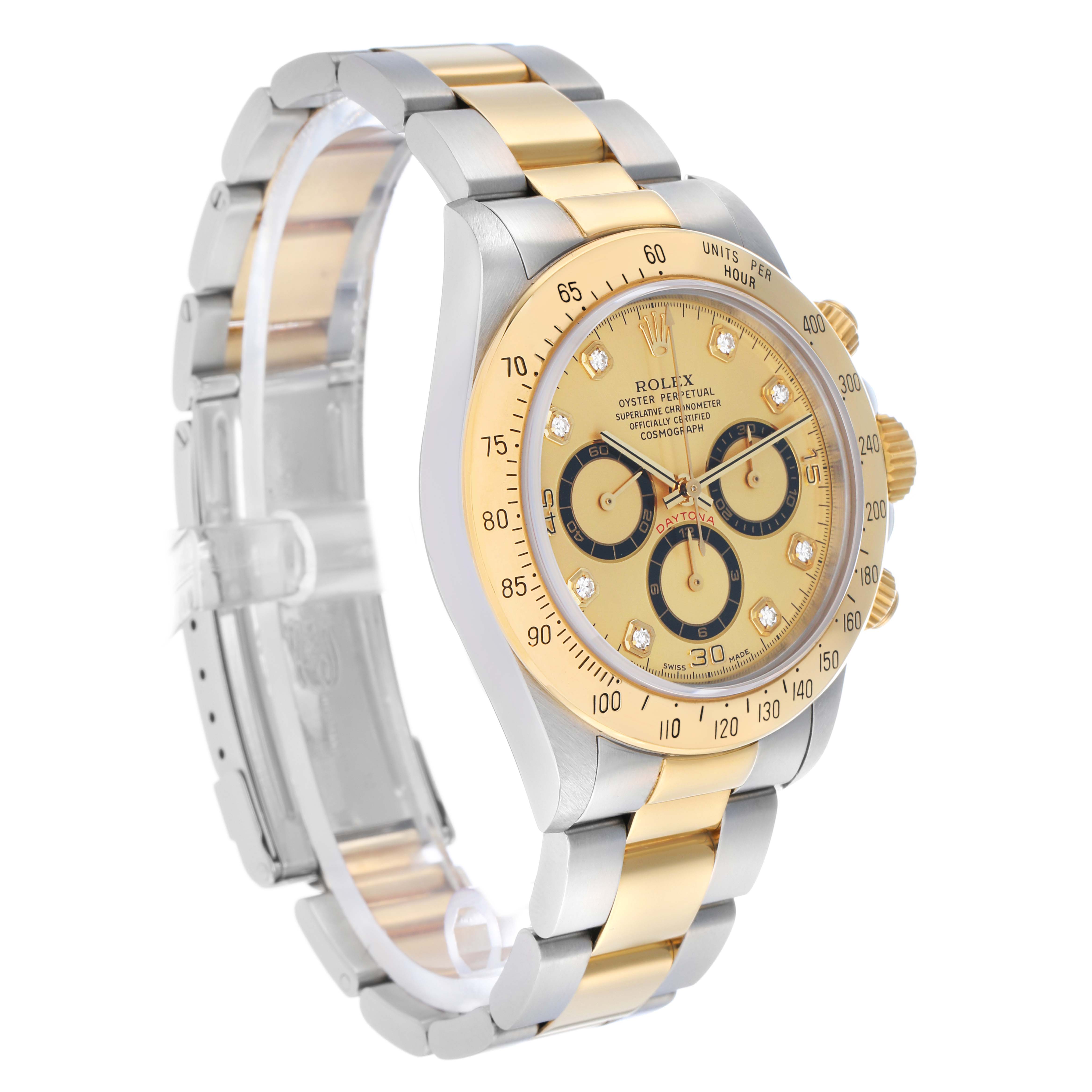 The Rolex Daytona 16523 Men
s Steel and Gold (two tone) Champagne Dial watch is shown at a three-quarter angle, highlighting the gold and silver bracelet, bezel, and dial.