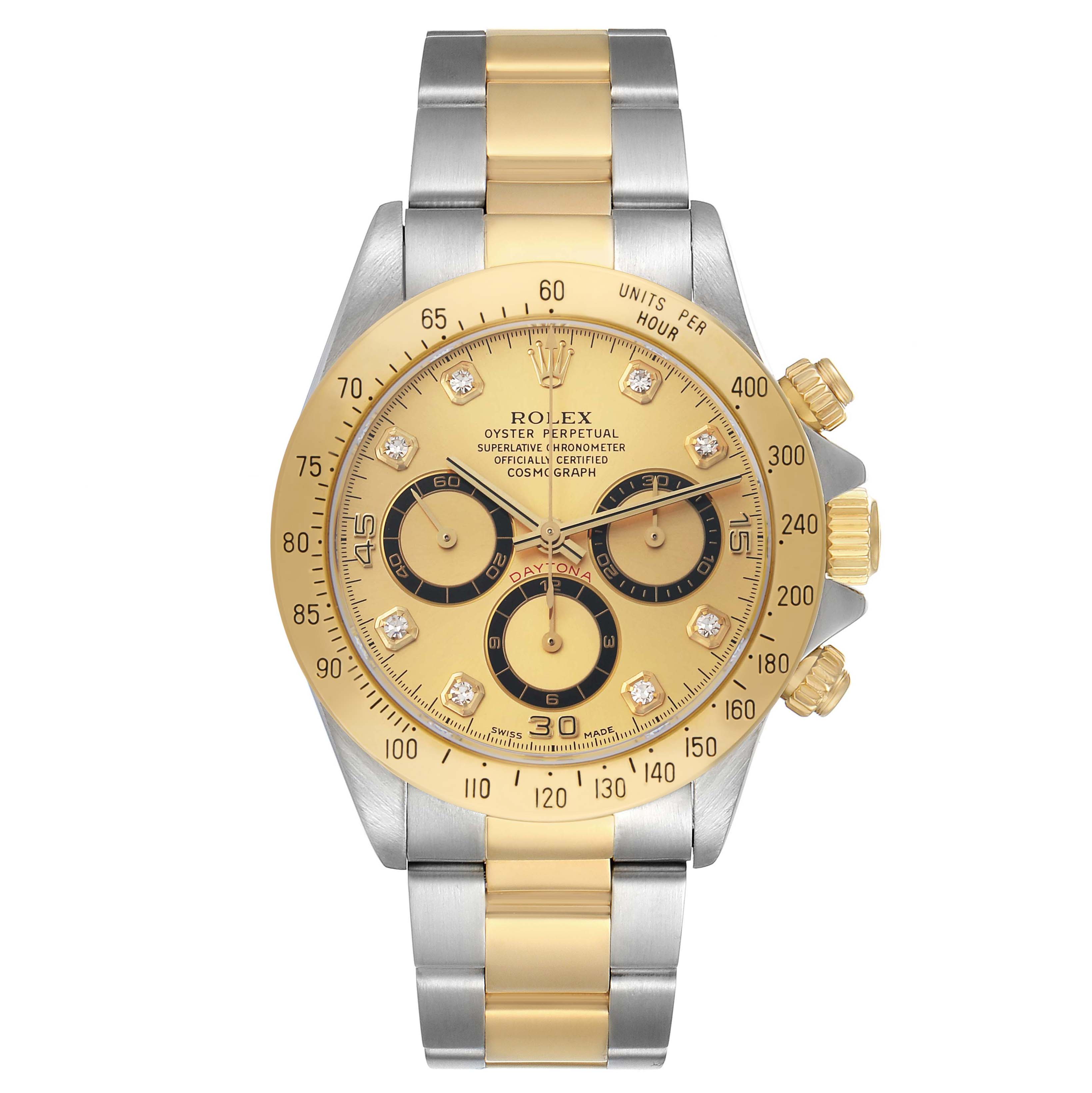 The Rolex Daytona 16523 Men
s Steel and Gold (two tone) Champagne Dial watch is shown from the front, displaying its gold and silver bracelet, bezel, and chronograph dials.