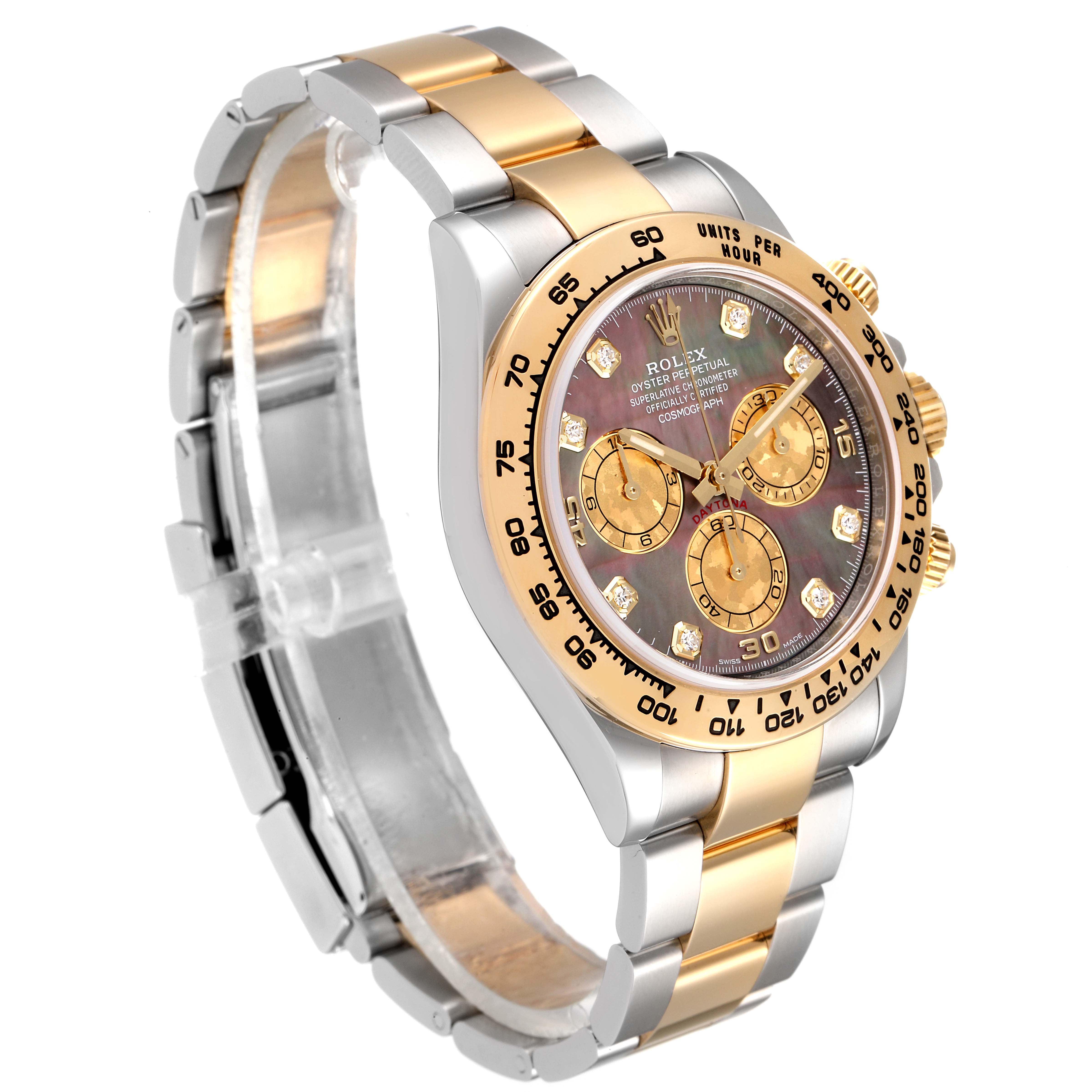 The image shows a Rolex Daytona 116503 Men's Steel and Gold (two tone) Mother of Pearl Dial 116503 Men's Steel and Gold (two tone) Mother of Pearl Dial watch at an angle highlighting the face, bezel, and two-tone bracelet.