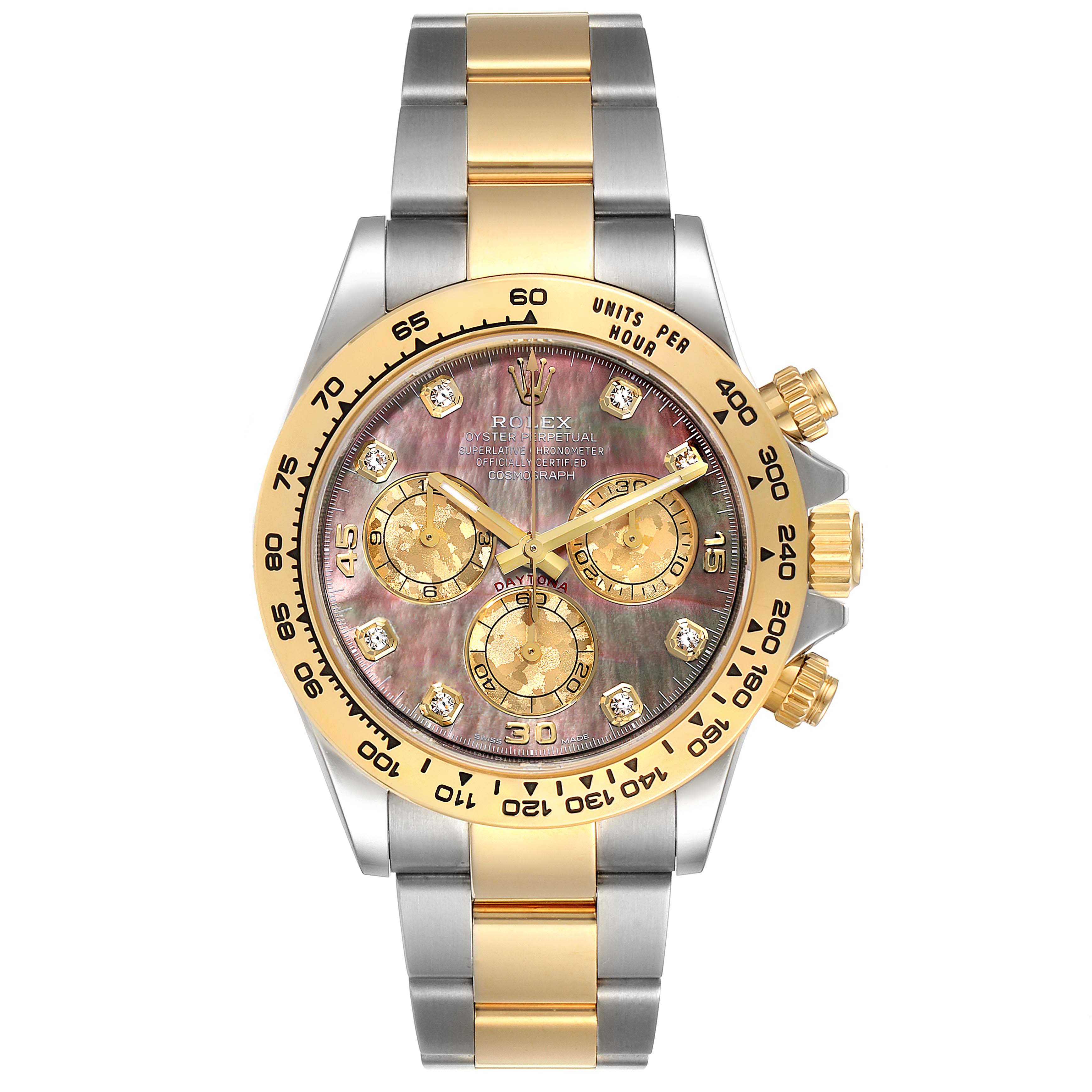 The image shows a frontal view of a Rolex Daytona 116503 Men's Steel and Gold (two tone) Mother of Pearl Dial 116503 Men's Steel and Gold (two tone) Mother of Pearl Dial watch, highlighting its dial, bezel, and two-tone bracelet.