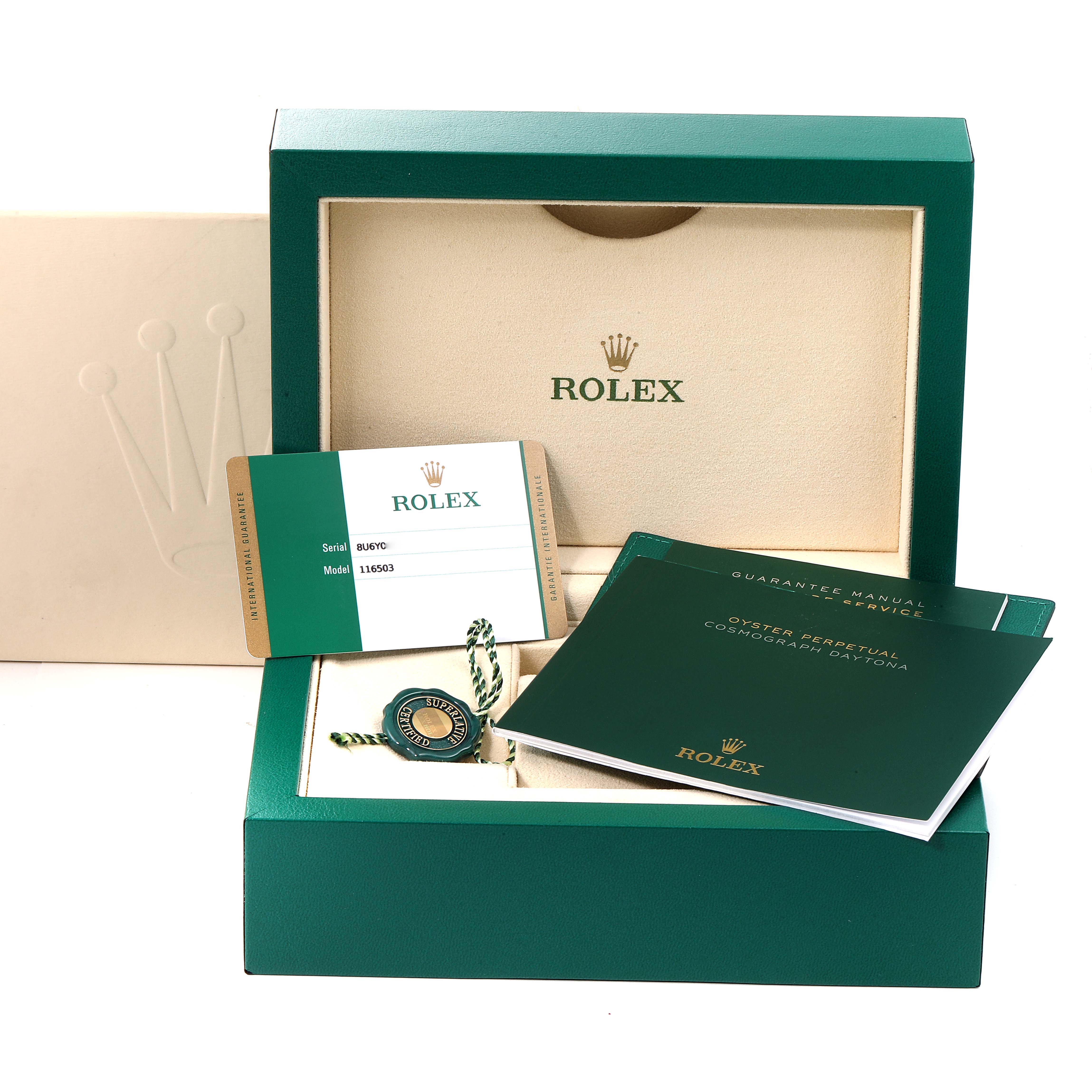 The image shows a Rolex Daytona 116503 Men's Steel and Gold (two tone) Mother of Pearl Dial 116503 Men's Steel and Gold (two tone) Mother of Pearl Dial watch box with warranty card, instruction manuals, and a tag.