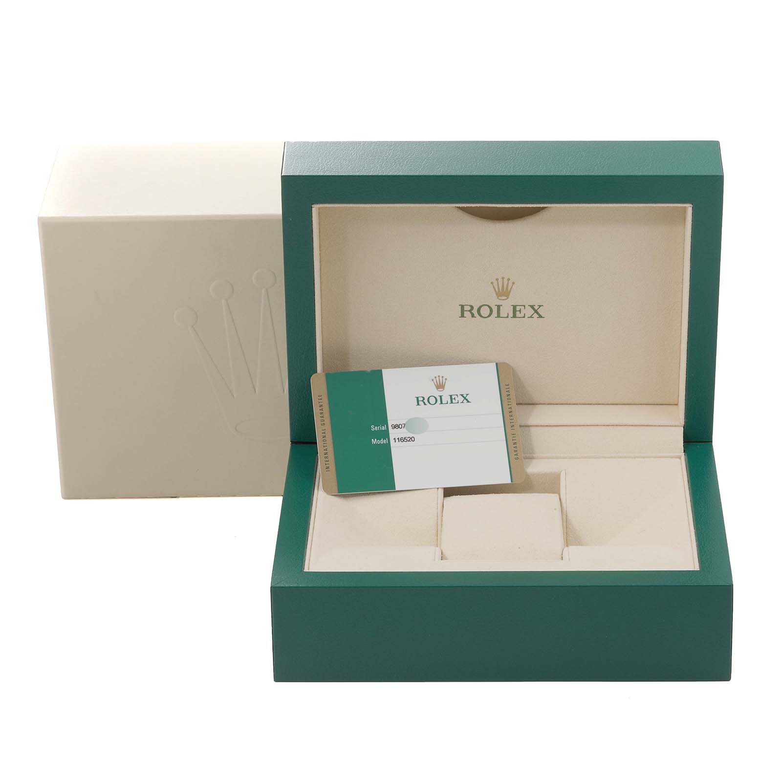 The image shows the open box and warranty card for a Rolex Daytona 116520 Men's Stainless Steel White Dial 116520 Men's Stainless Steel White Dial watch.