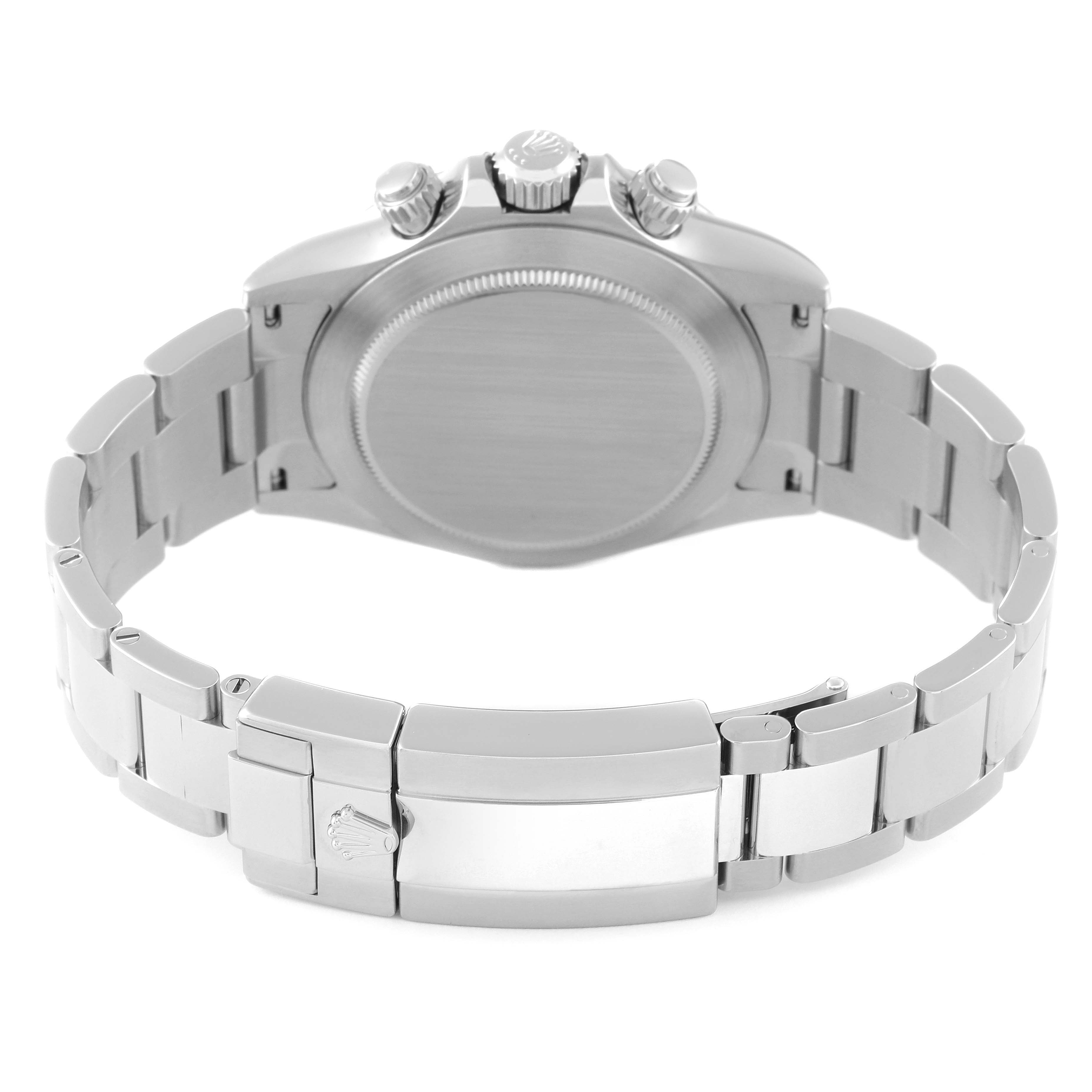 The image shows the back view of the Rolex Daytona 116520 Men's Stainless Steel White Dial 116520 Men's Stainless Steel White Dial watch, highlighting the case back and bracelet clasp.