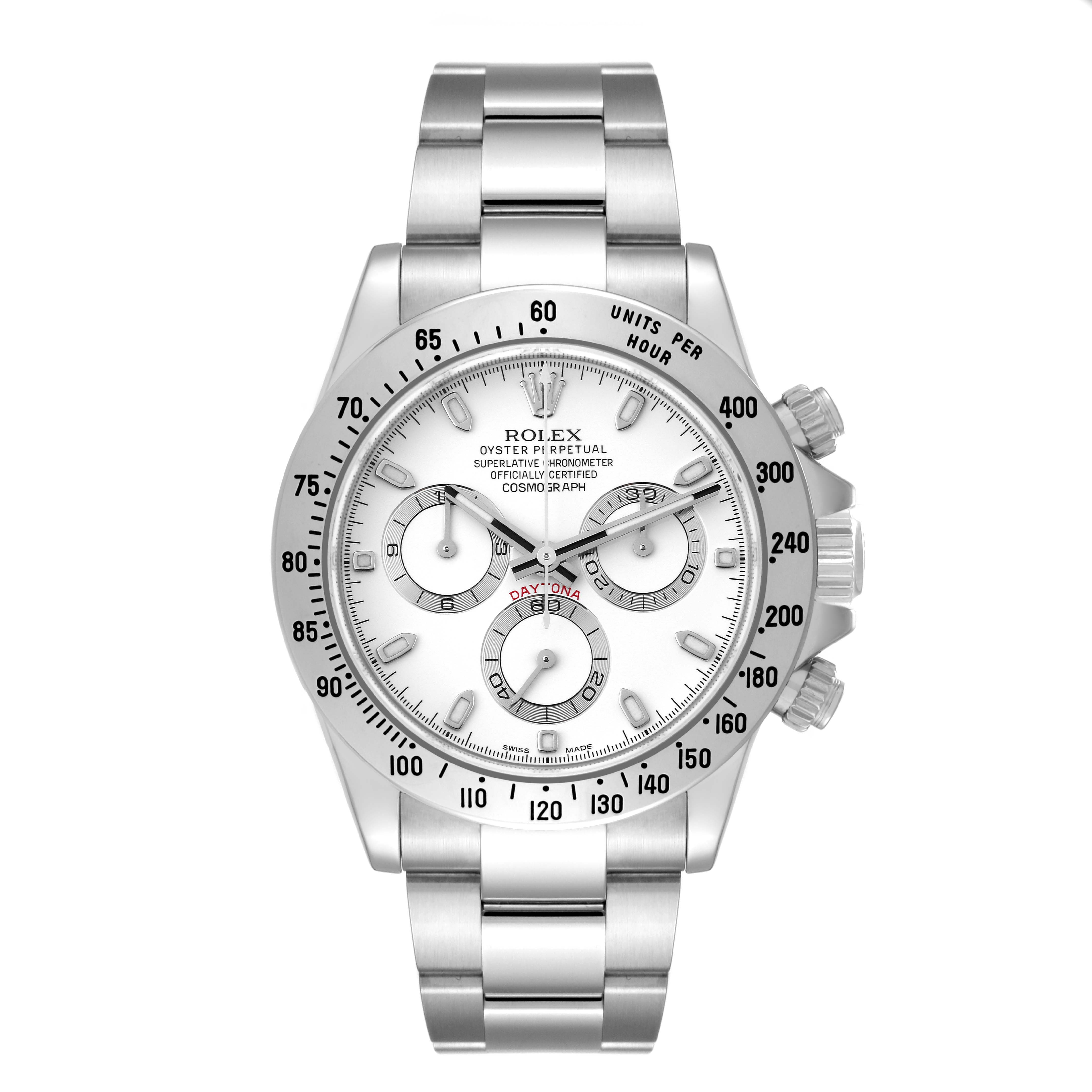 The image shows a front view of a Rolex Daytona 116520 Men's Stainless Steel White Dial 116520 Men's Stainless Steel White Dial watch, displaying its dial, bezel, and bracelet.