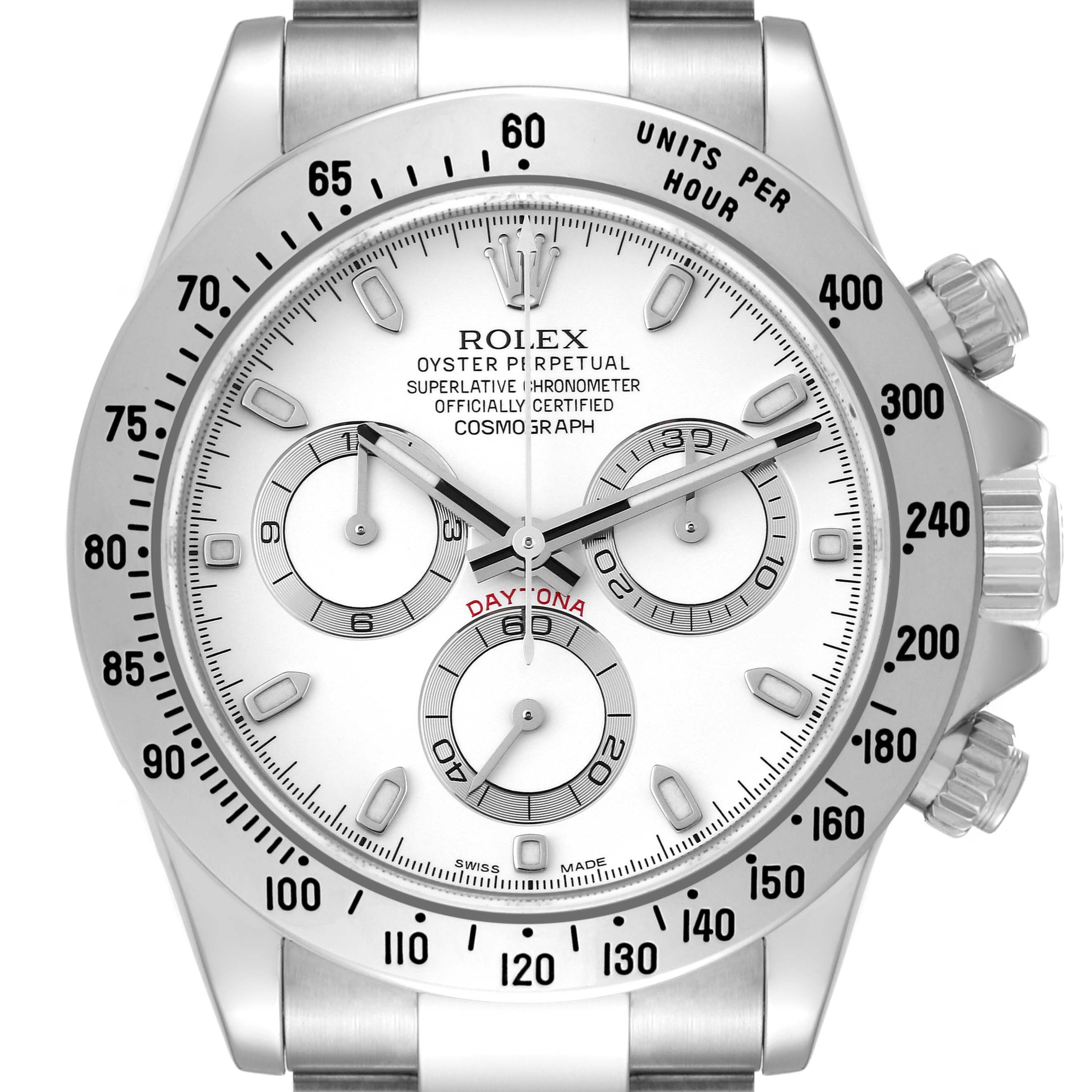 The image shows a close-up of the Rolex Daytona 116520 Men's Stainless Steel White Dial 116520 Men's Stainless Steel White Dial watch with its face, bezel, and crown prominently displayed.