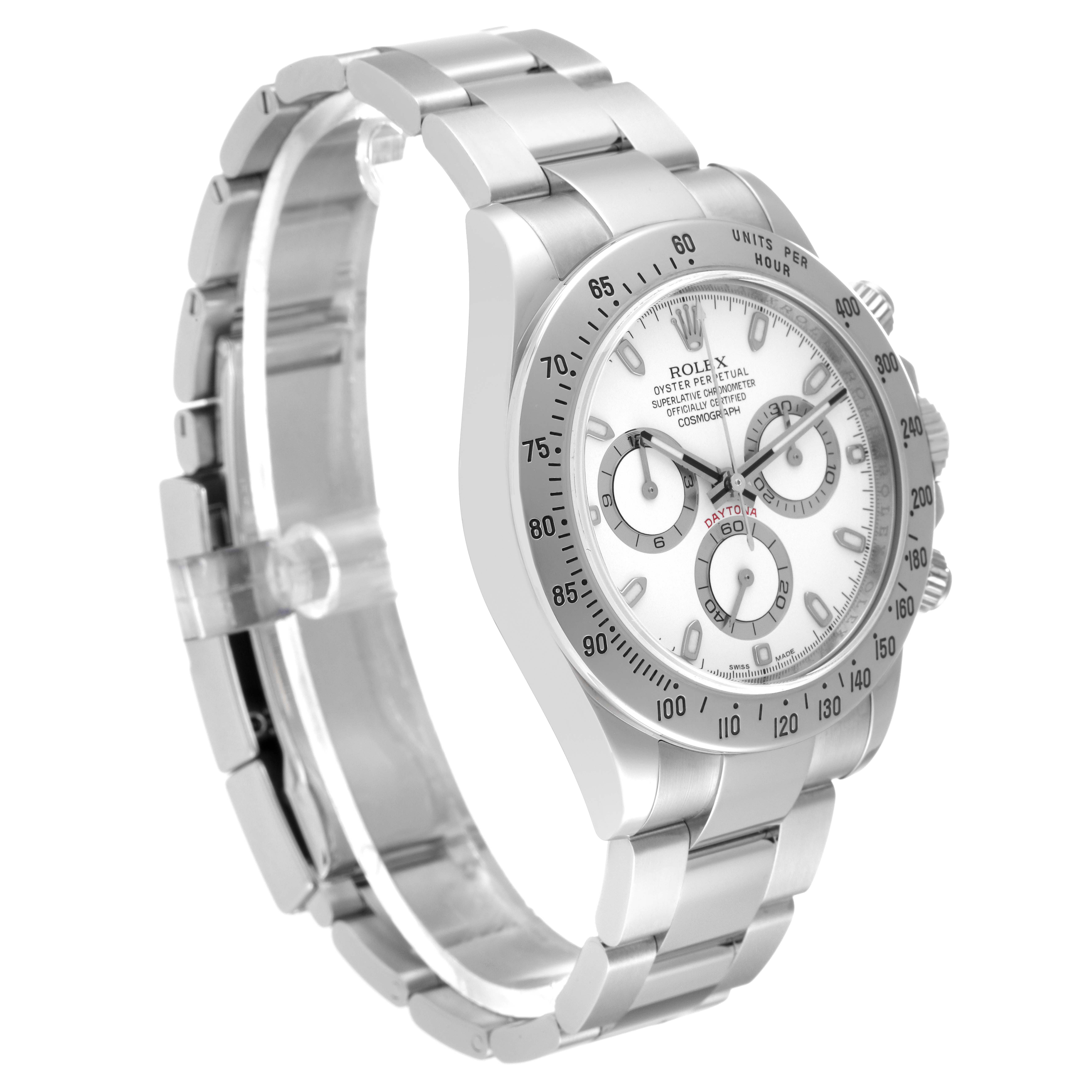 The image shows a Rolex Daytona 116520 Men's Stainless Steel White Dial 116520 Men's Stainless Steel White Dial watch angled slightly from the left, displaying its face, bezel, and part of the bracelet.