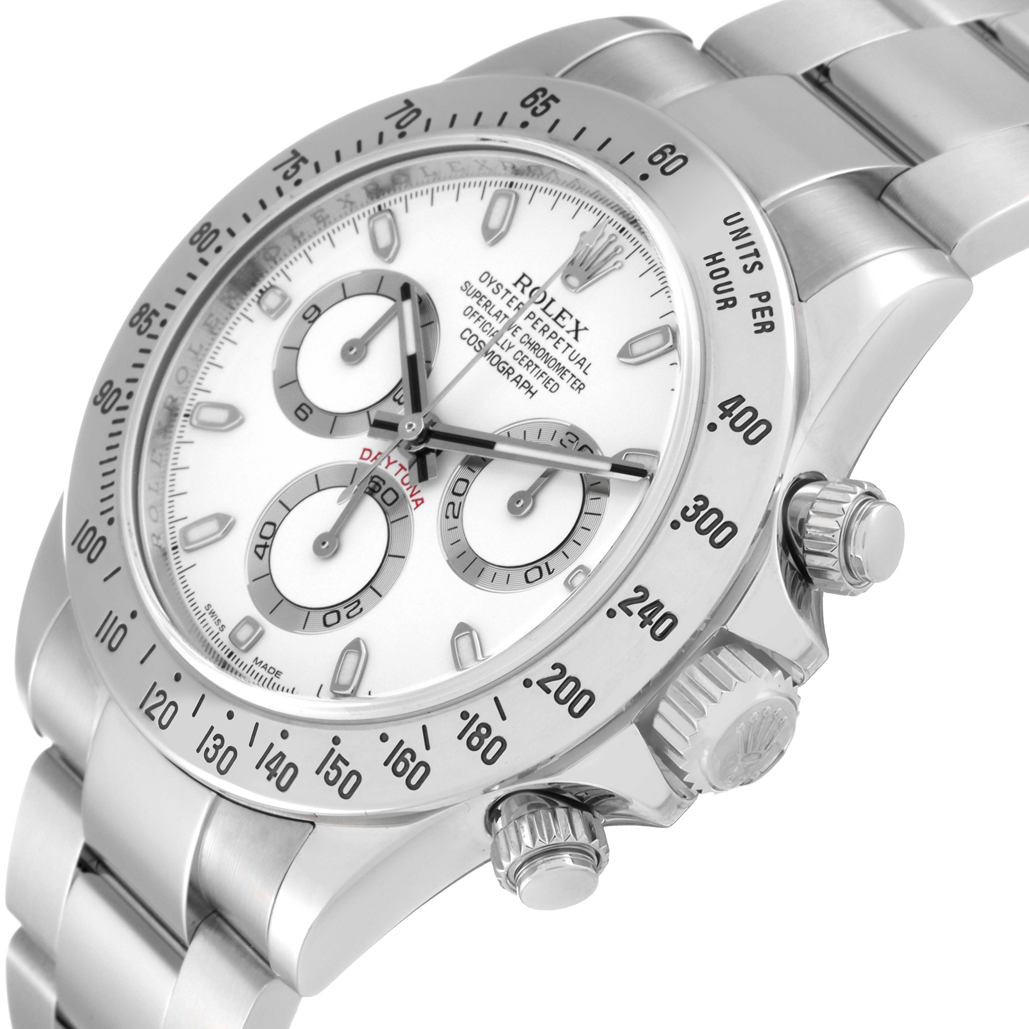 The image shows a Rolex Daytona 116520 Men's Stainless Steel White Dial 116520 Men's Stainless Steel White Dial watch from an angle emphasizing the bezel, chronograph dials, crown, and bracelet.