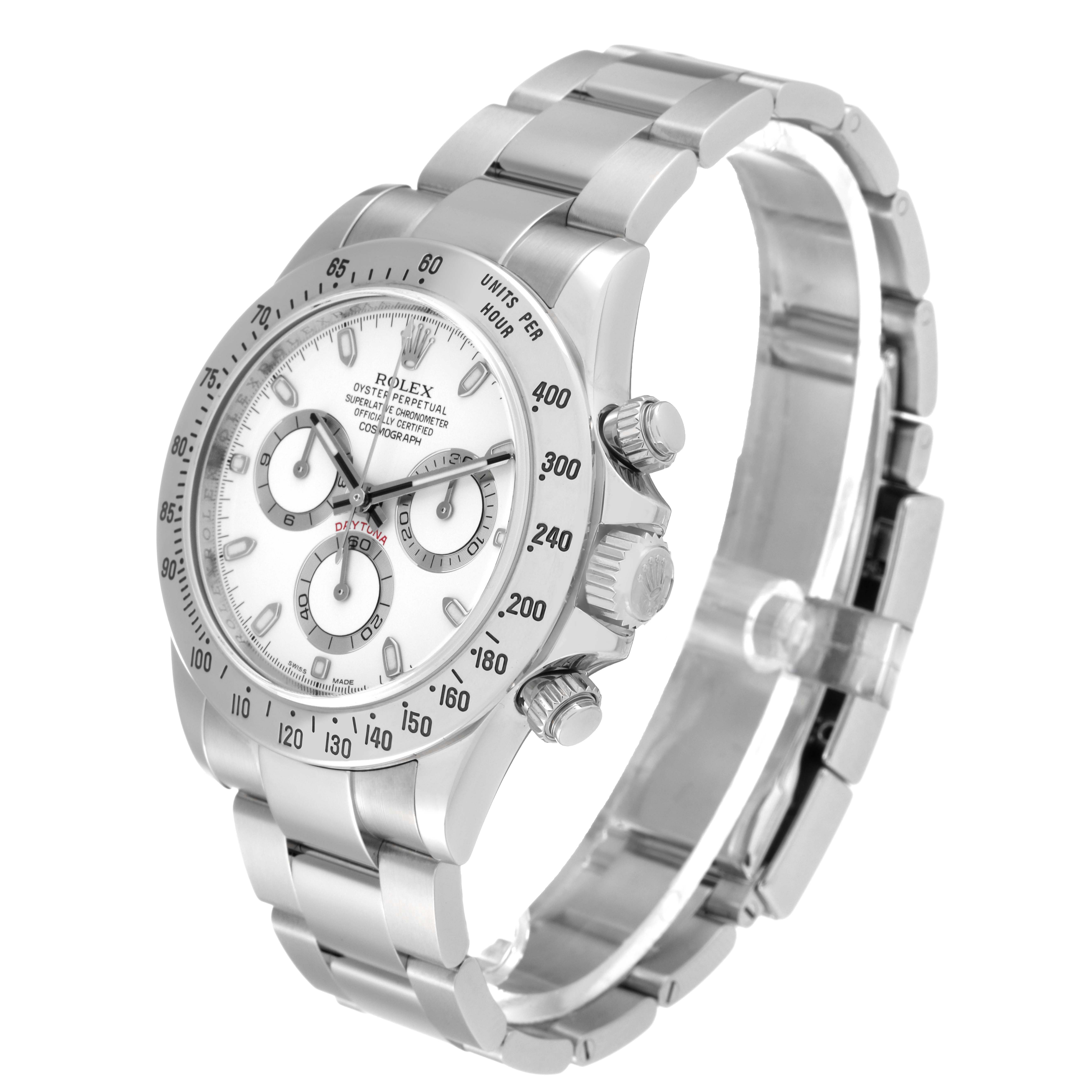 This image shows a Rolex Daytona 116520 Men's Stainless Steel White Dial 116520 Men's Stainless Steel White Dial watch at a three-quarter angle, displaying the face, bezel, crown, and bracelet.