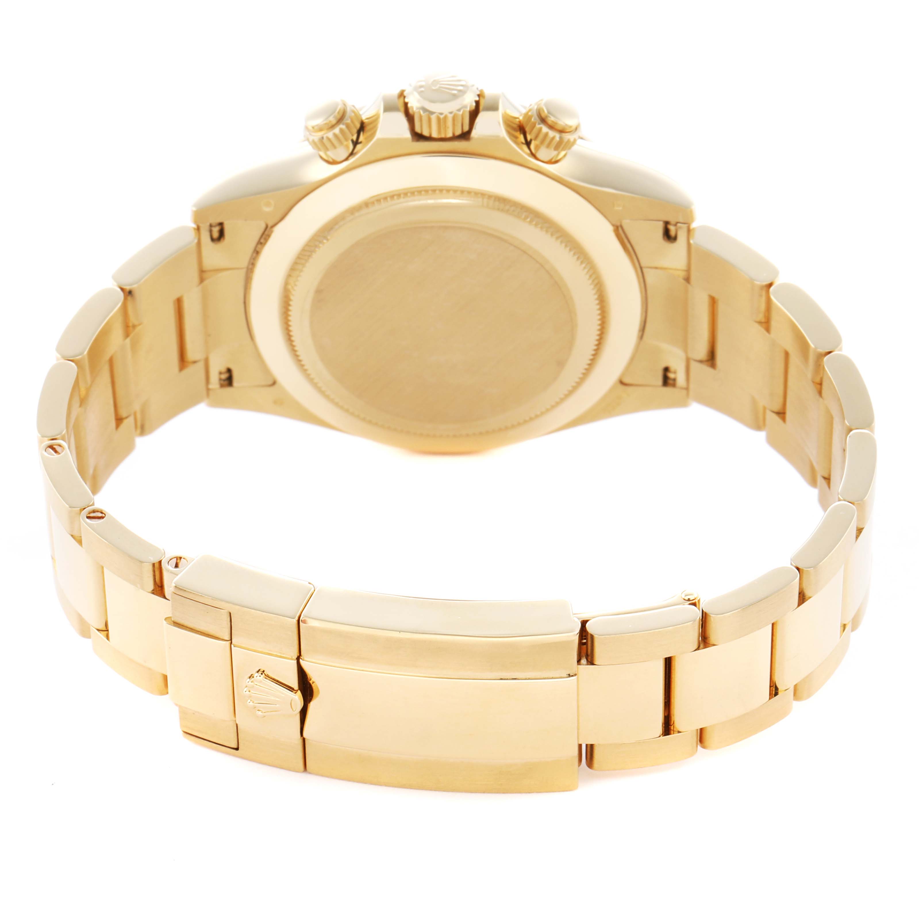 The image shows the back view of a Rolex Daytona 116508 Men
s Yellow Gold Champagne Dial, highlighting the case back, crown, and bracelet.