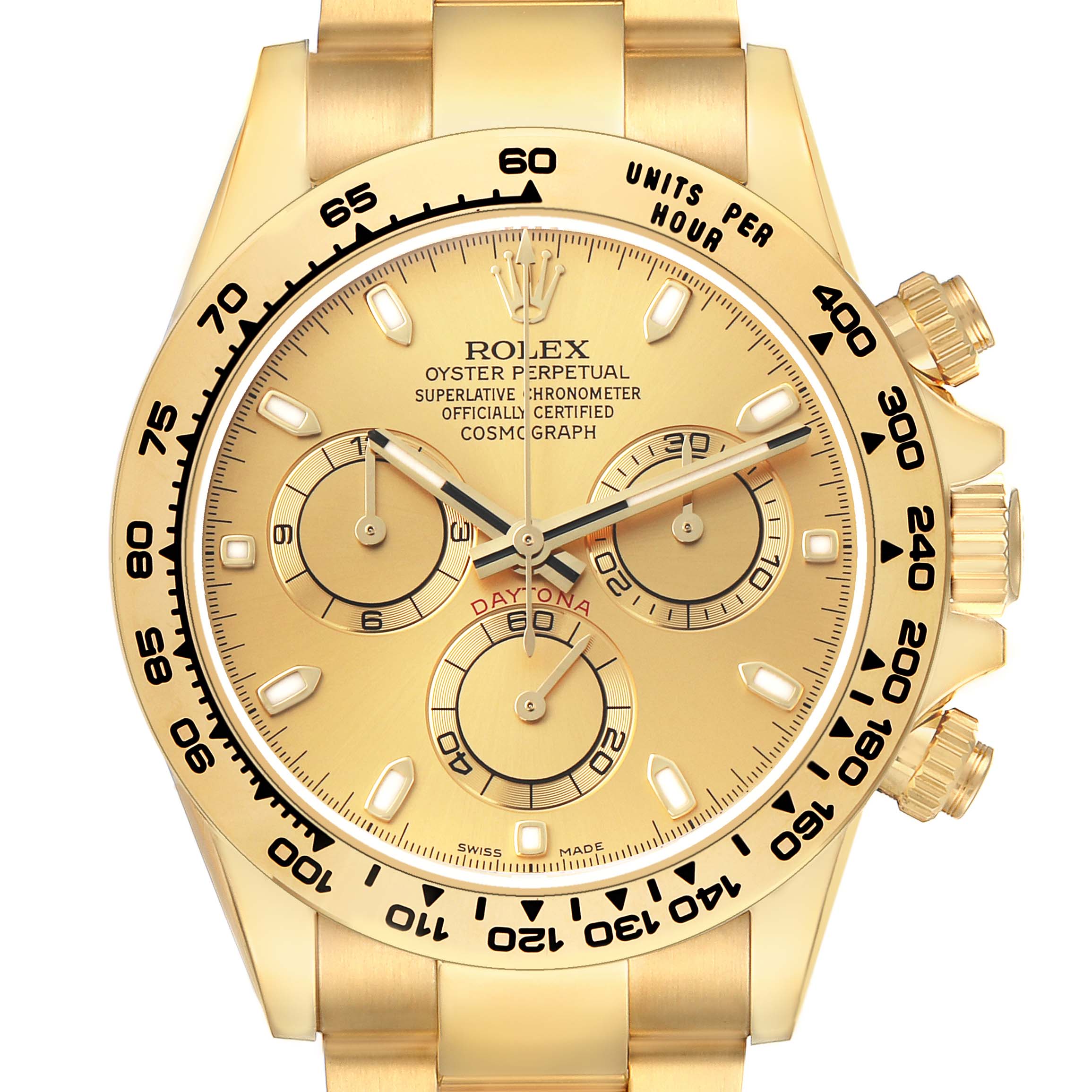 The image shows a front view of a gold Rolex Daytona 116508 Men
s Yellow Gold Champagne Dial, displaying the dial, subdials, and bezel with tachymetric scale.