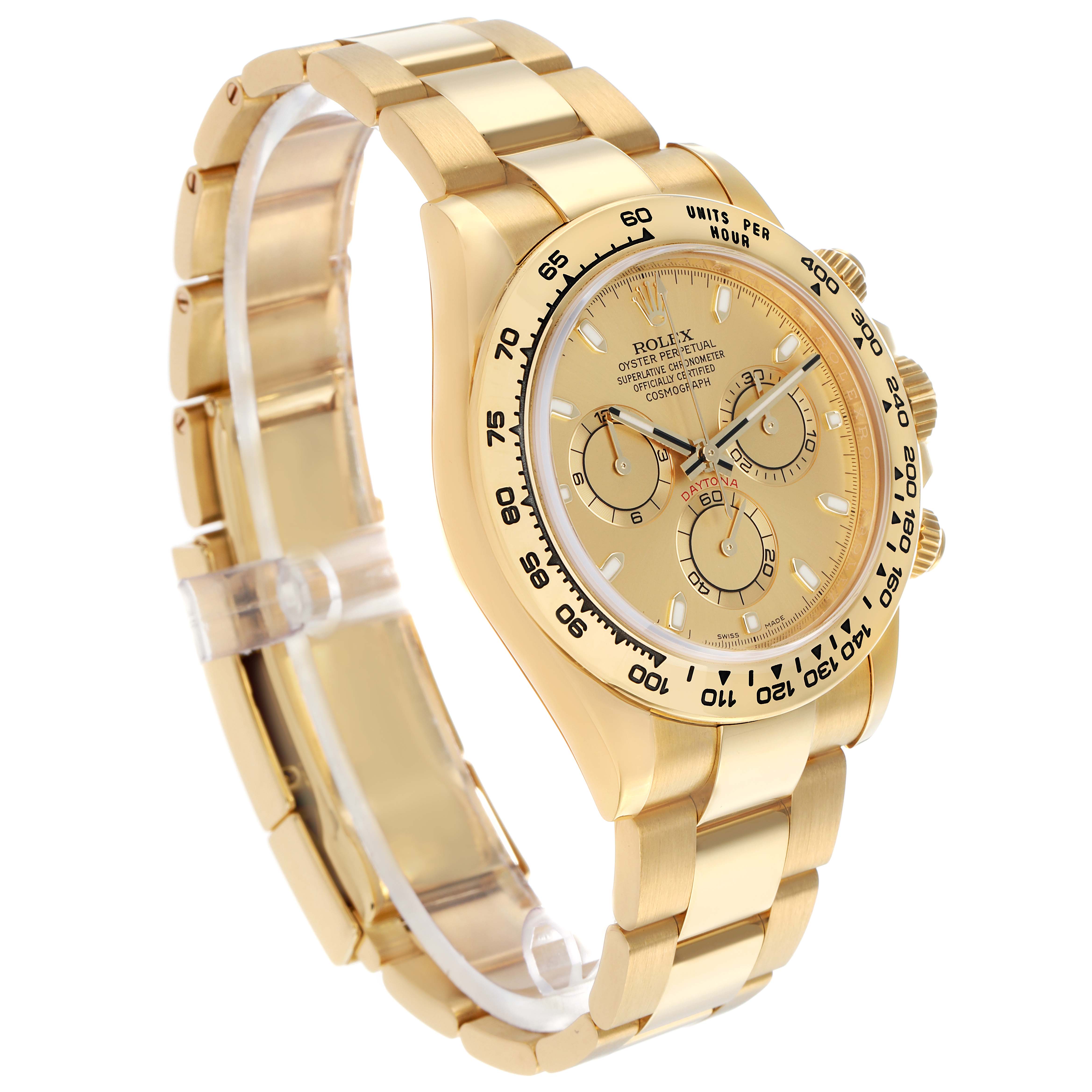 The Rolex Daytona 116508 Men
s Yellow Gold Champagne Dial watch is shown at a slight angle, highlighting the dial, bezel, chronograph sub-dials, and bracelet.