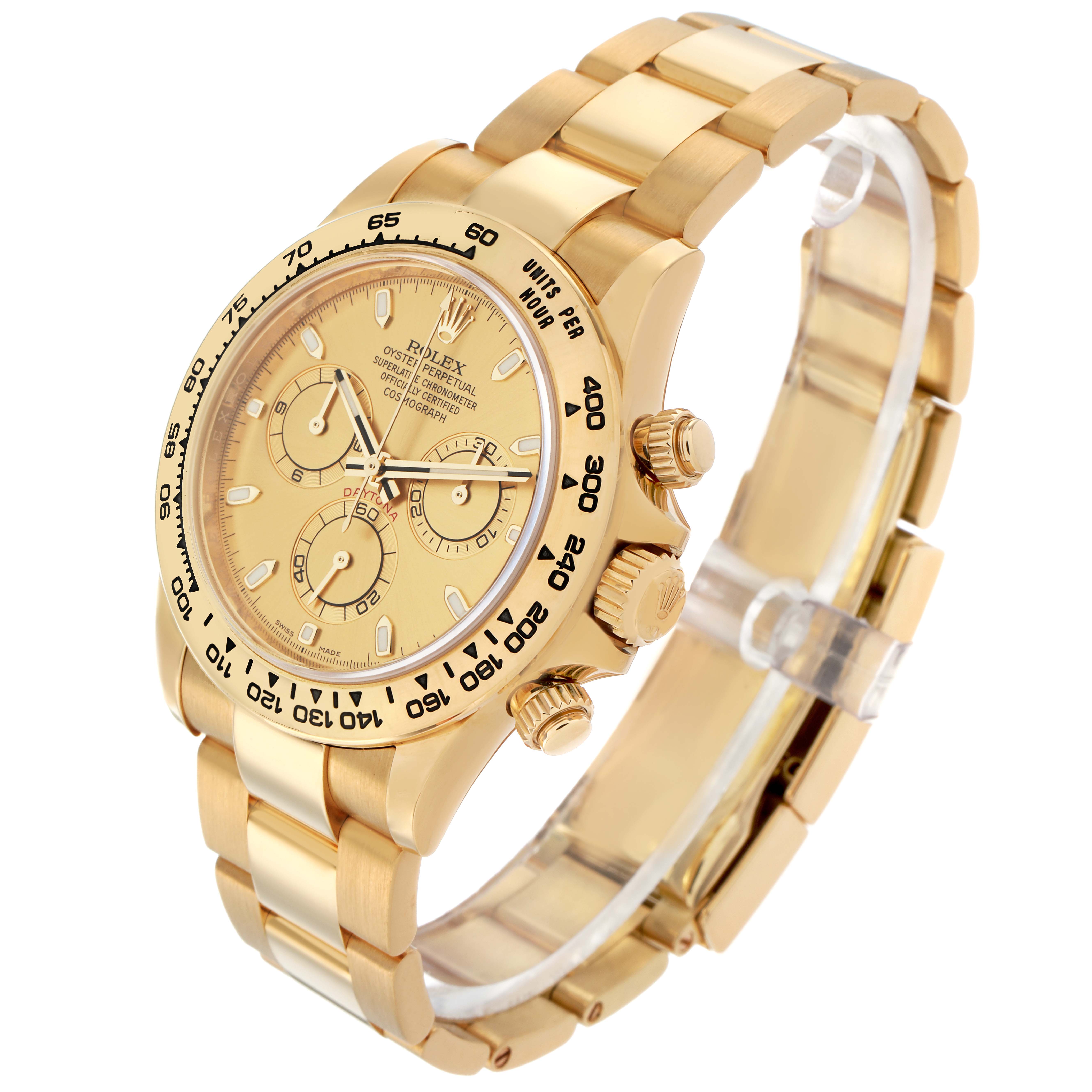 The Rolex Daytona 116508 Men
s Yellow Gold Champagne Dial watch is shown at a three-quarter angle, highlighting its dial, bezel, bracelet, and side pushers.