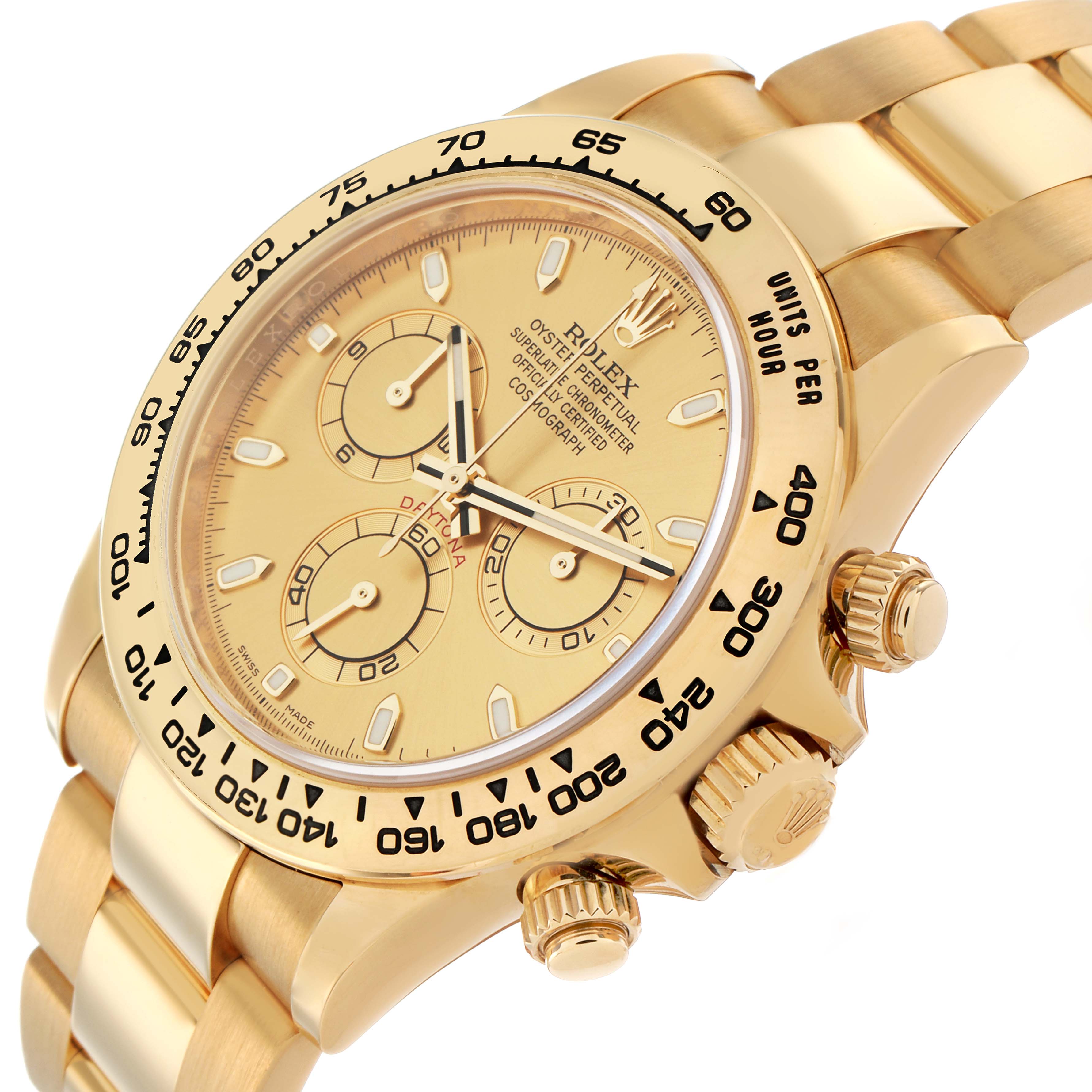 The Rolex Daytona 116508 Men
s Yellow Gold Champagne Dial watch is shown at a slight angle, highlighting the gold bracelet, case, bezel, and chronograph details.