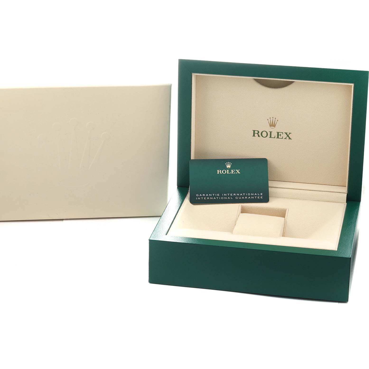 The image shows a Rolex Daytona 116508 Men
s Yellow Gold Champagne Dial watch box and warranty card, viewed from the front with an open lid.
