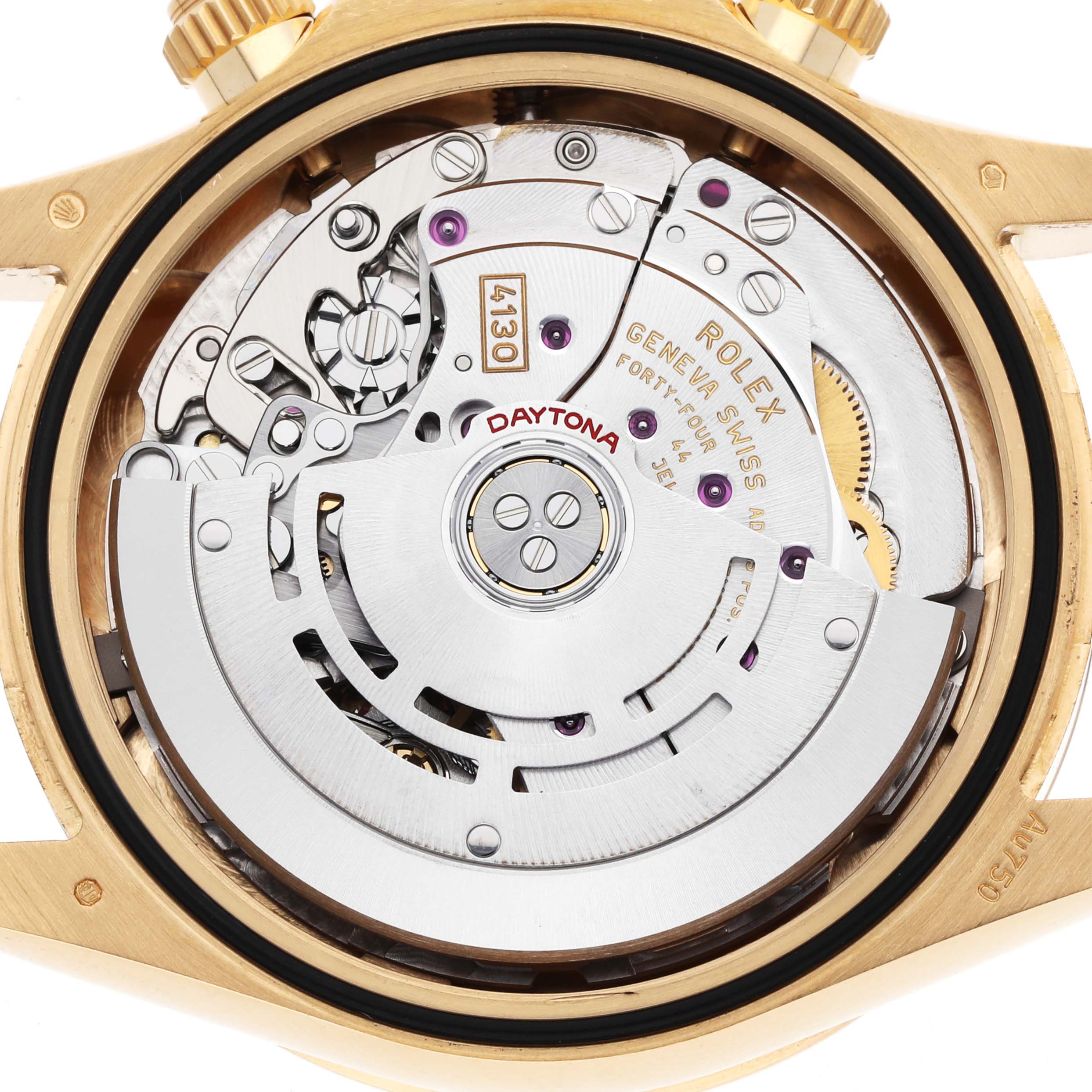 The image shows the movement of a Rolex Daytona 116508 Men
s Yellow Gold Champagne Dial watch from a back angle.