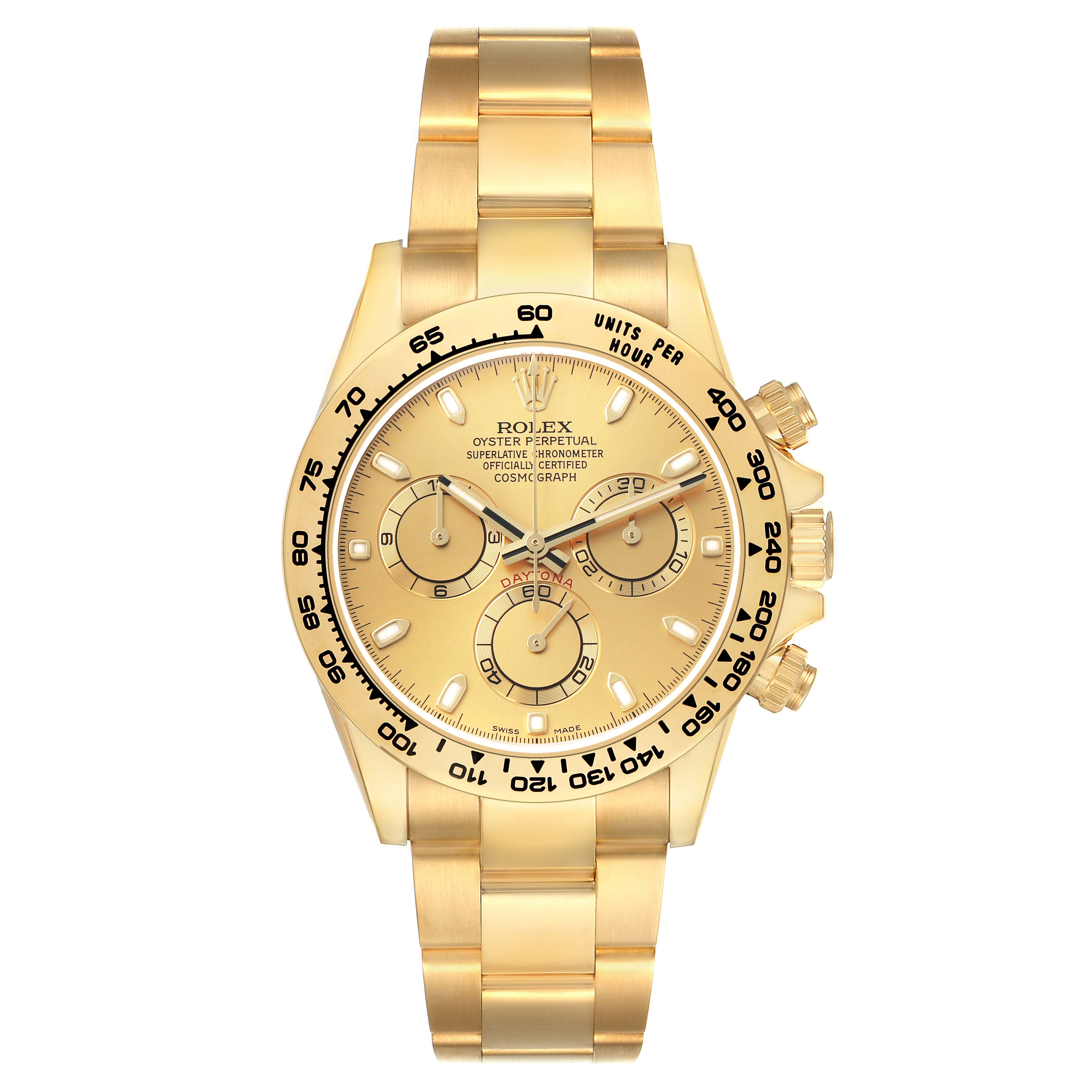 The Rolex Daytona 116508 Men
s Yellow Gold Champagne Dial watch is shown from a front angle displaying its face, bezel, crown, and bracelet.