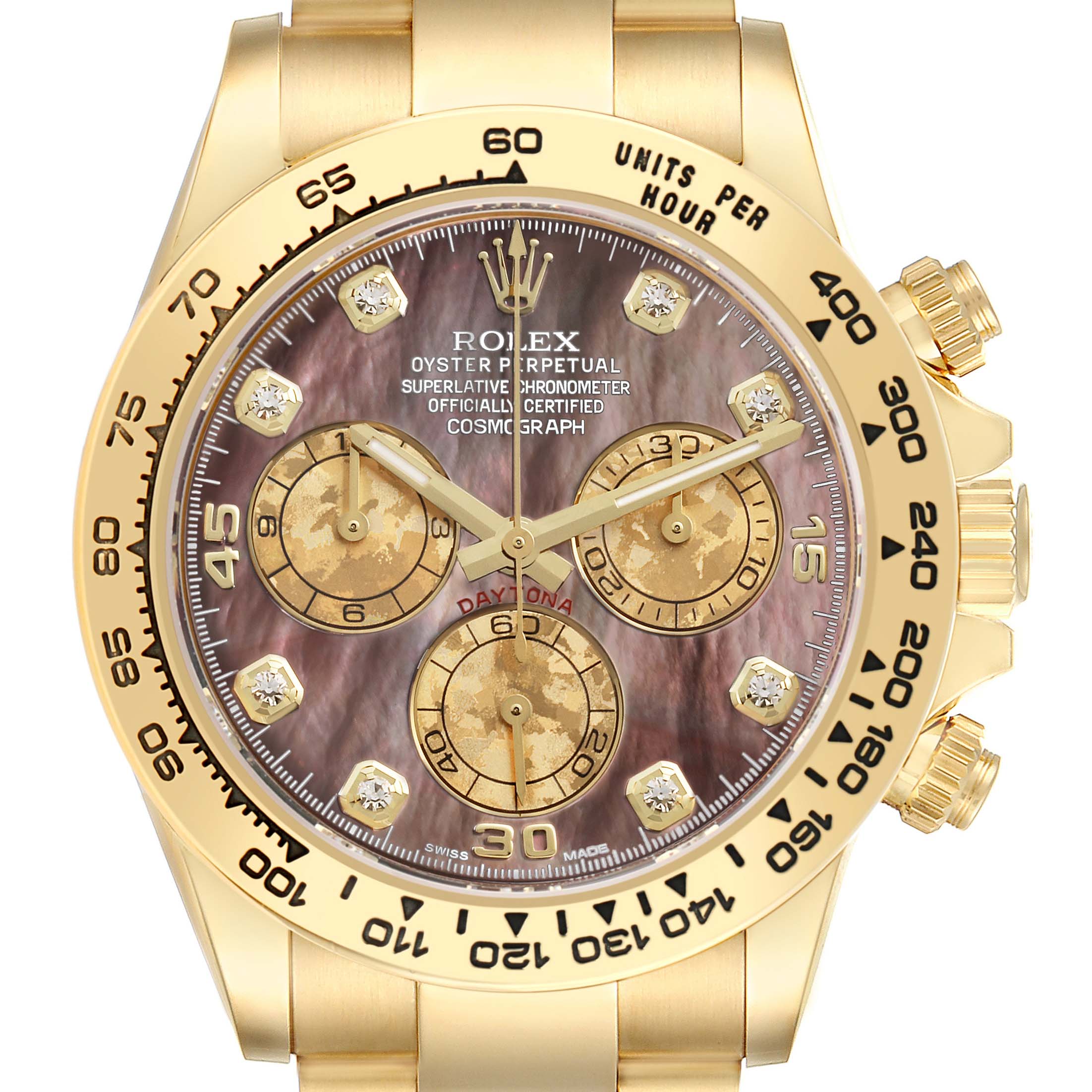 The Rolex Daytona 116508 Men
s Yellow Gold Mother of Pearl Dial watch is shown from the front, highlighting the dial, subdials, and bezel.