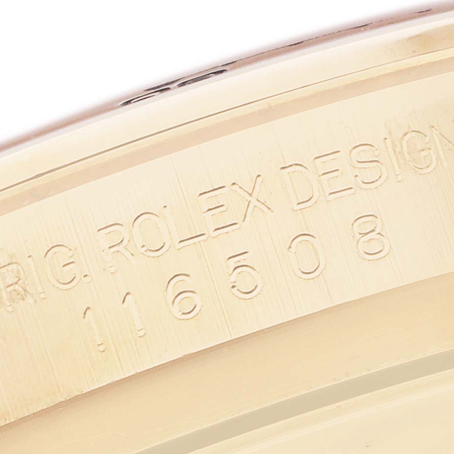 The image shows an engraved side view of the Rolex Daytona 116508 Men
s Yellow Gold Mother of Pearl Dial
s inner case, displaying the model number.