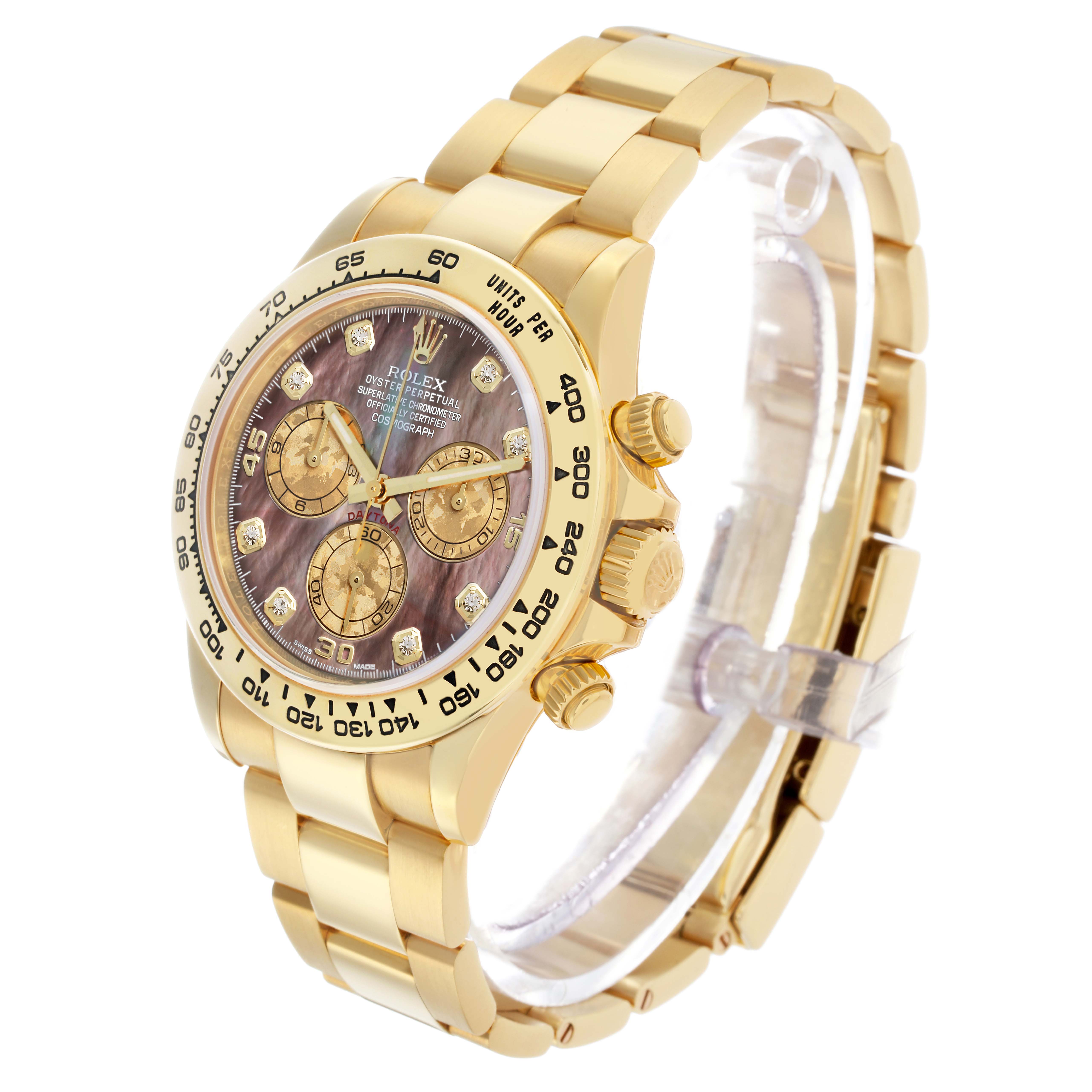 The image shows the Rolex Daytona 116508 Men
s Yellow Gold Mother of Pearl Dial watch at a three-quarter angle, highlighting the face, bezel, pushers, and bracelet.