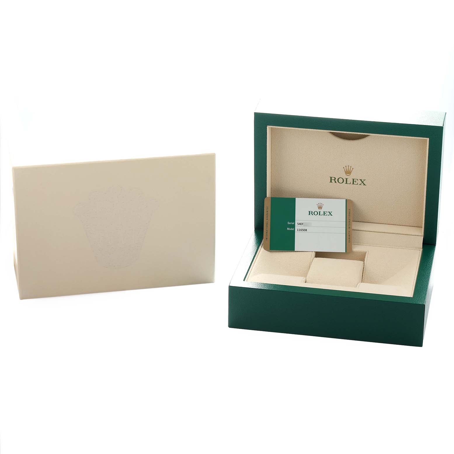 The image shows an open green box and a card holder for a Rolex Daytona 116508 Men
s Yellow Gold Mother of Pearl Dial watch with branding visible.