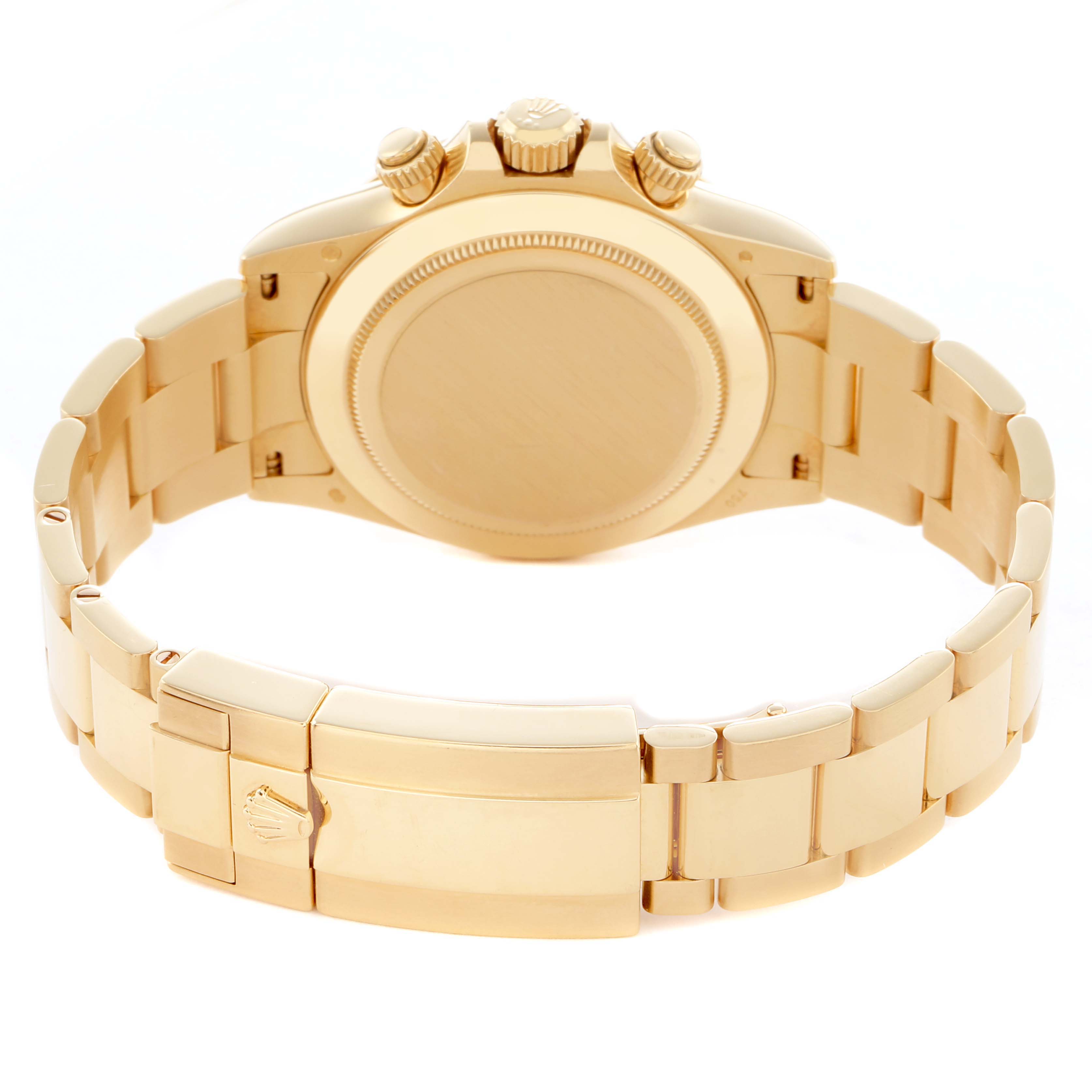 The Rolex Daytona 116508 Men
s Yellow Gold Mother of Pearl Dial watch is shown from the back, highlighting its gold case, bracelet, clasp, and side pushers.