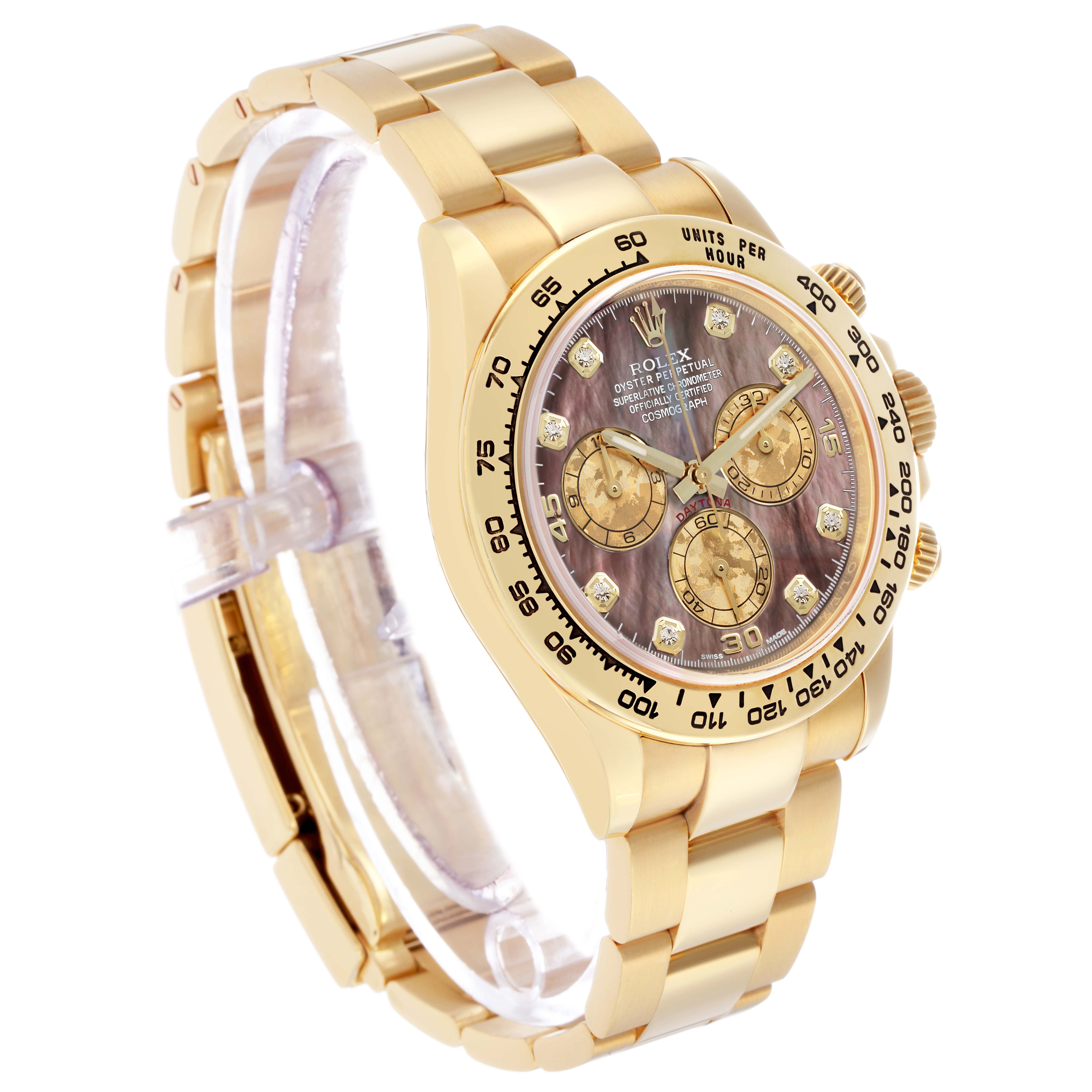 The Rolex Daytona 116508 Men
s Yellow Gold Mother of Pearl Dial watch is shown at a three-quarter angle, displaying the dial, bezel, and bracelet.