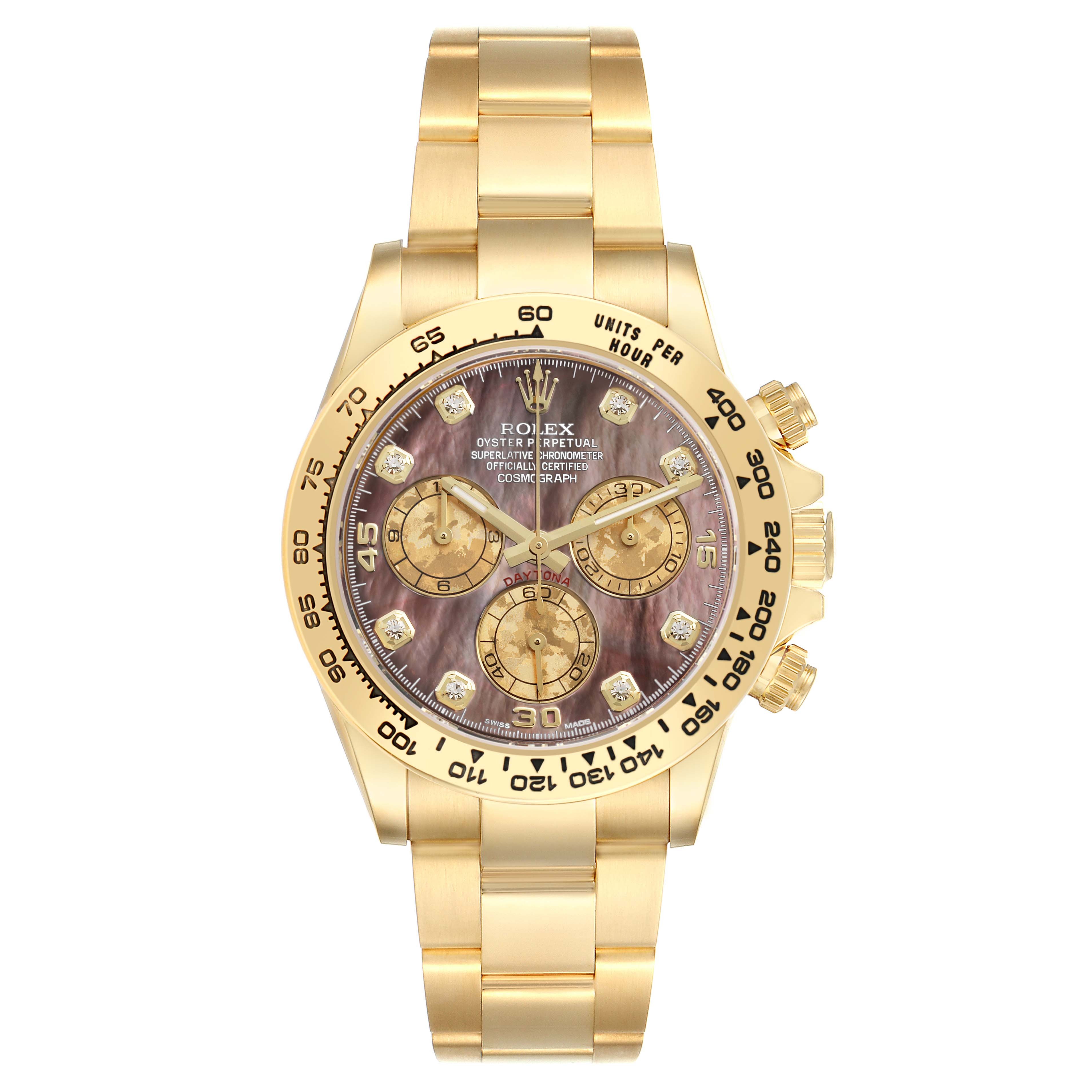 The Rolex Daytona 116508 Men
s Yellow Gold Mother of Pearl Dial watch is shown from a top-down angle, highlighting its face, bezel, and bracelet.
