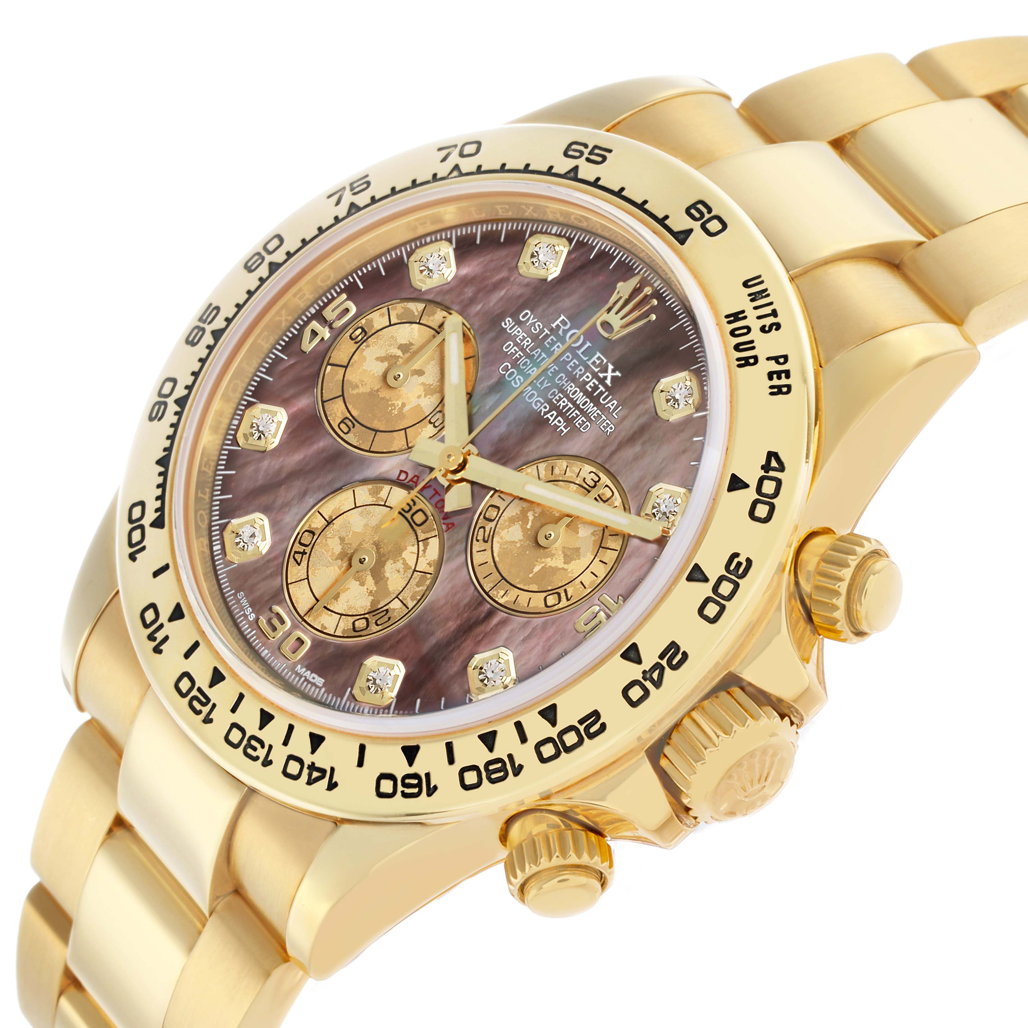 The Rolex Daytona 116508 Men
s Yellow Gold Mother of Pearl Dial watch is shown at an angled view, displaying the dial, bezel, crown, and part of the bracelet.