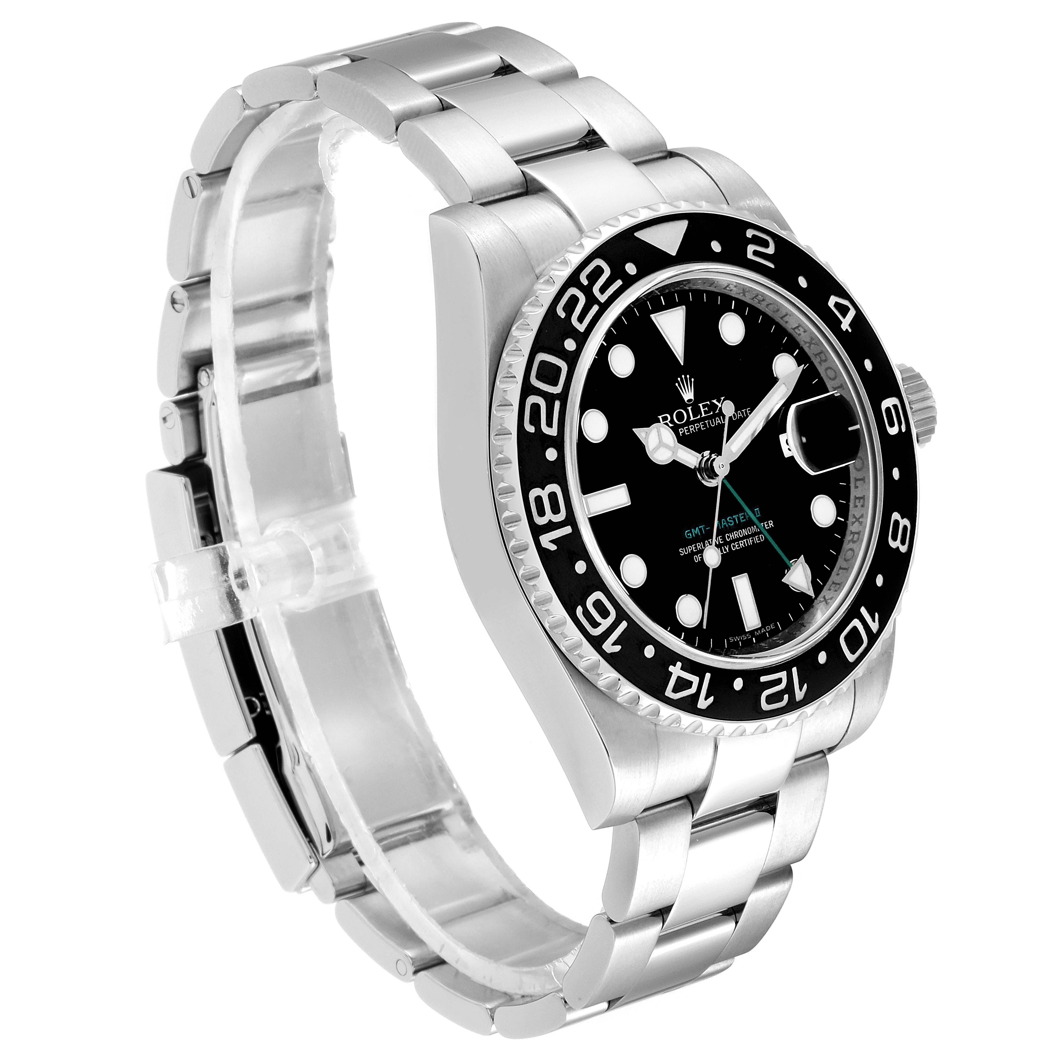 The image shows a Rolex GMT-Master 116710 Men's Stainless Steel Black Dial 116710 Men's Stainless Steel Black Dial watch at a three-quarter angle showcasing the front, bezel, dial, and stainless steel bracelet.