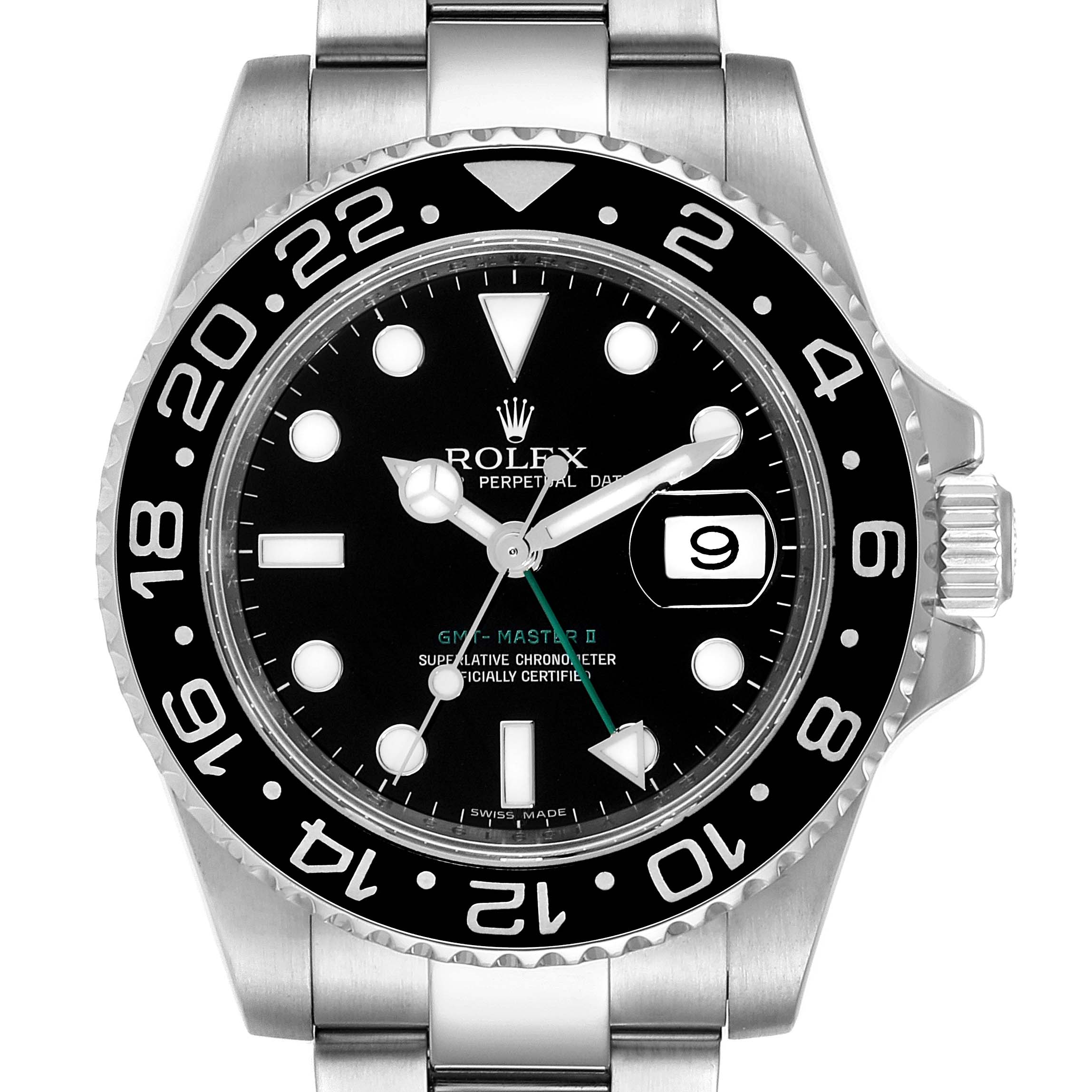 This is a front view of a Rolex GMT-Master 116710 Men's Stainless Steel Black Dial 116710 Men's Stainless Steel Black Dial II watch showing the dial, bezel, crown, and part of the bracelet.