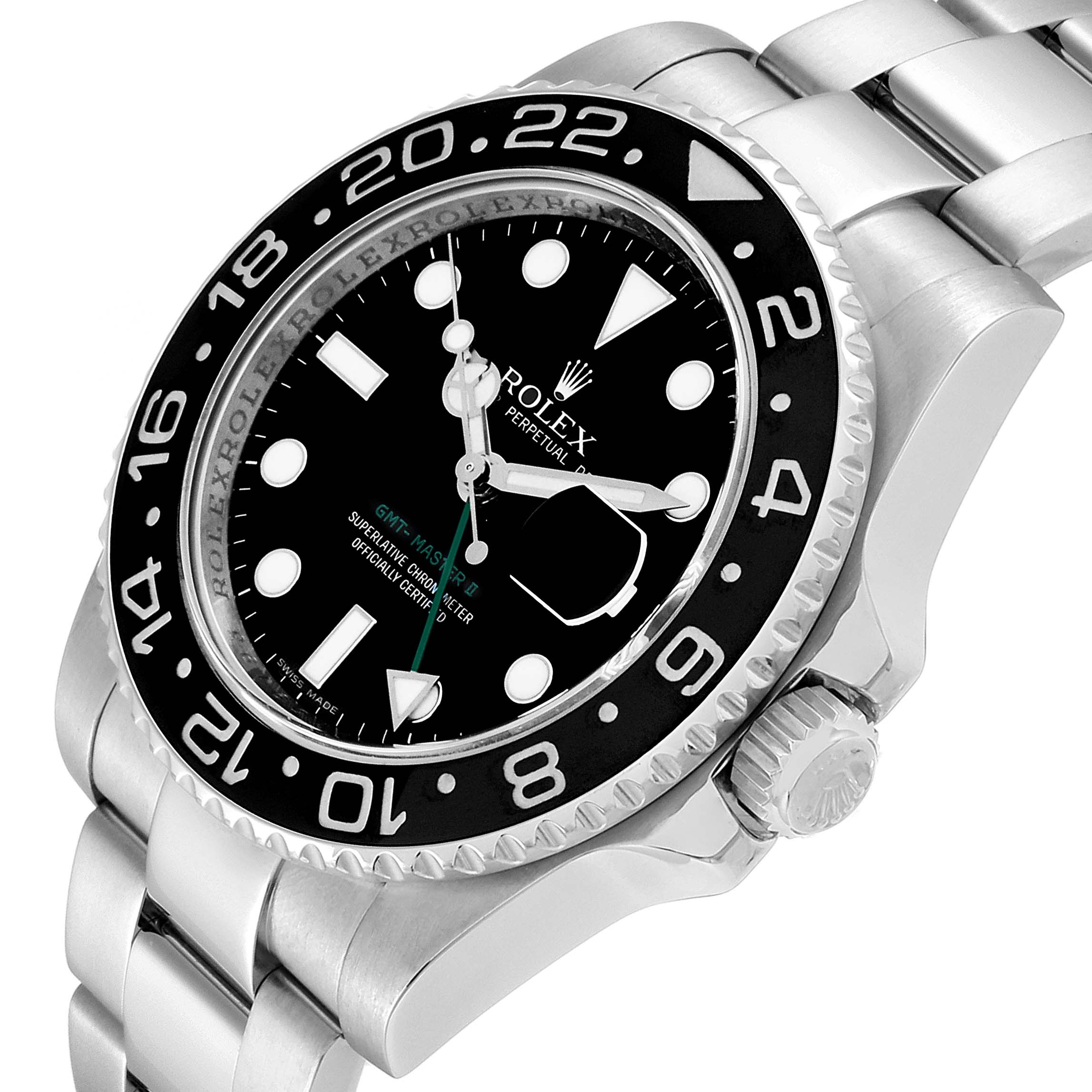 The image shows a close-up angle of a Rolex GMT-Master 116710 Men's Stainless Steel Black Dial 116710 Men's Stainless Steel Black Dial watch, focusing on the dial, bezel, and part of the bracelet.