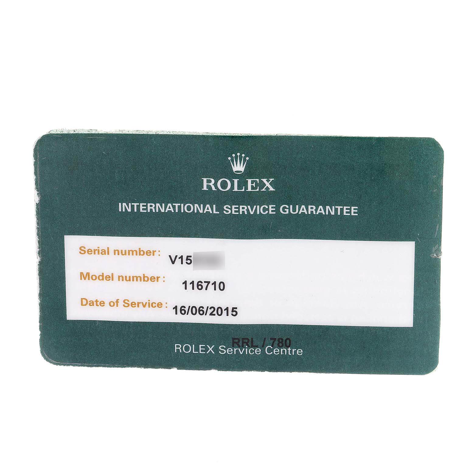 The image shows a green Rolex International Service Guarantee card for the Rolex GMT-Master 116710 Men's Stainless Steel Black Dial 116710 Men's Stainless Steel Black Dial model 116710.