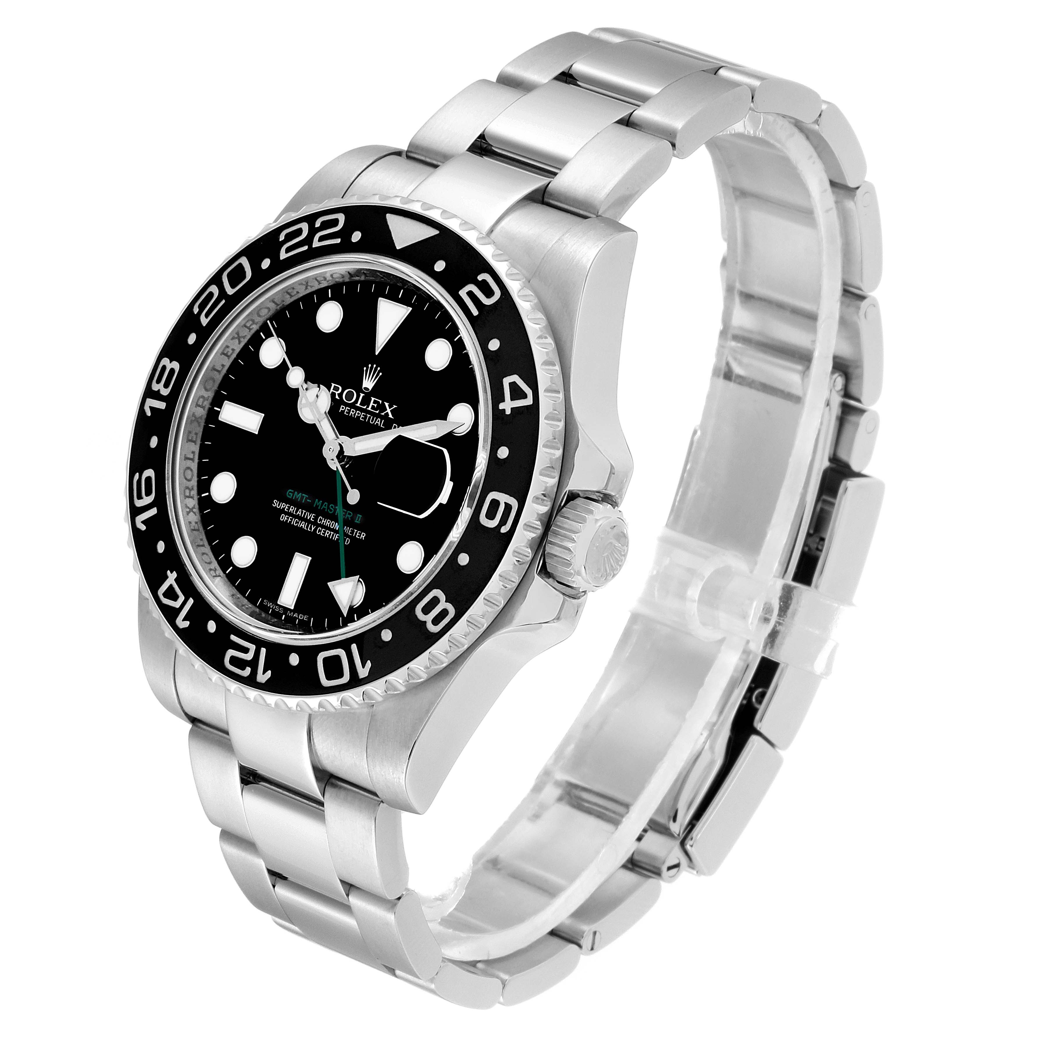 The image shows a side-angle view of the Rolex GMT-Master 116710 Men's Stainless Steel Black Dial 116710 Men's Stainless Steel Black Dial watch, highlighting the bezel, face, crown, and bracelet.