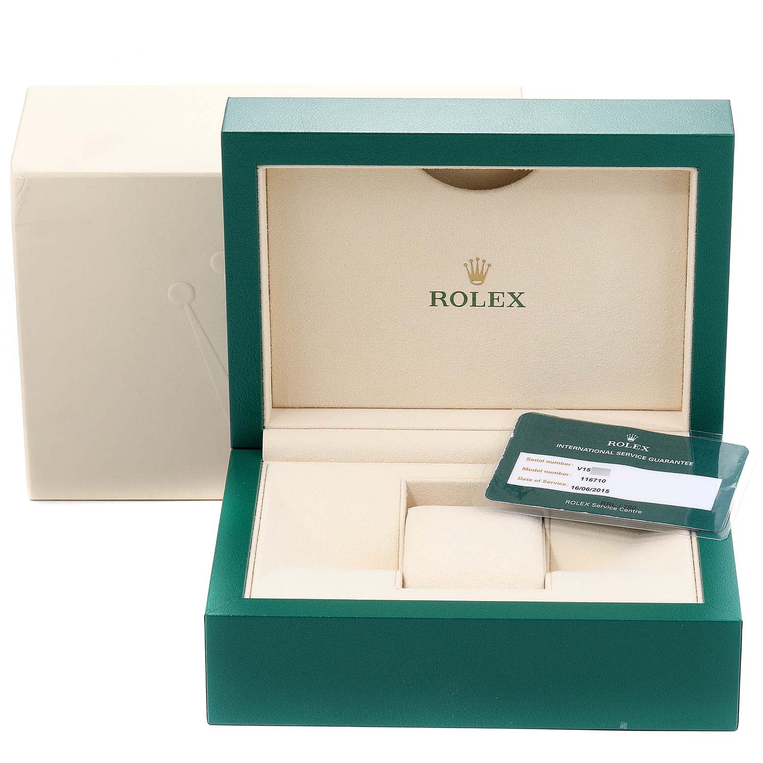 The image shows the opened green box and a service card of a Rolex GMT-Master 116710 Men's Stainless Steel Black Dial 116710 Men's Stainless Steel Black Dial.