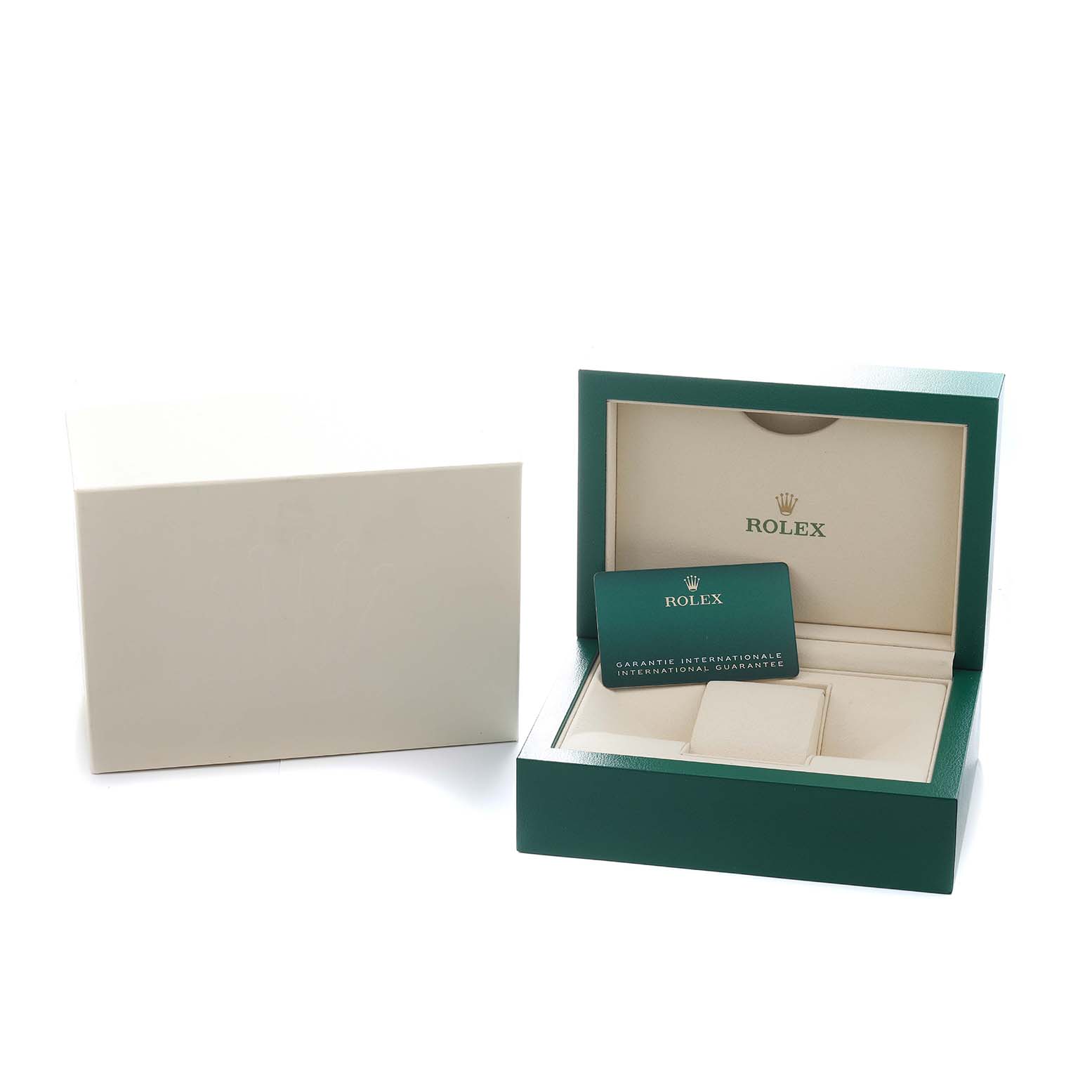 The image shows an open Rolex GMT-Master 126710 Men
s Stainless Steel Black Dial box at an angle, revealing the packaging and a green warranty card.