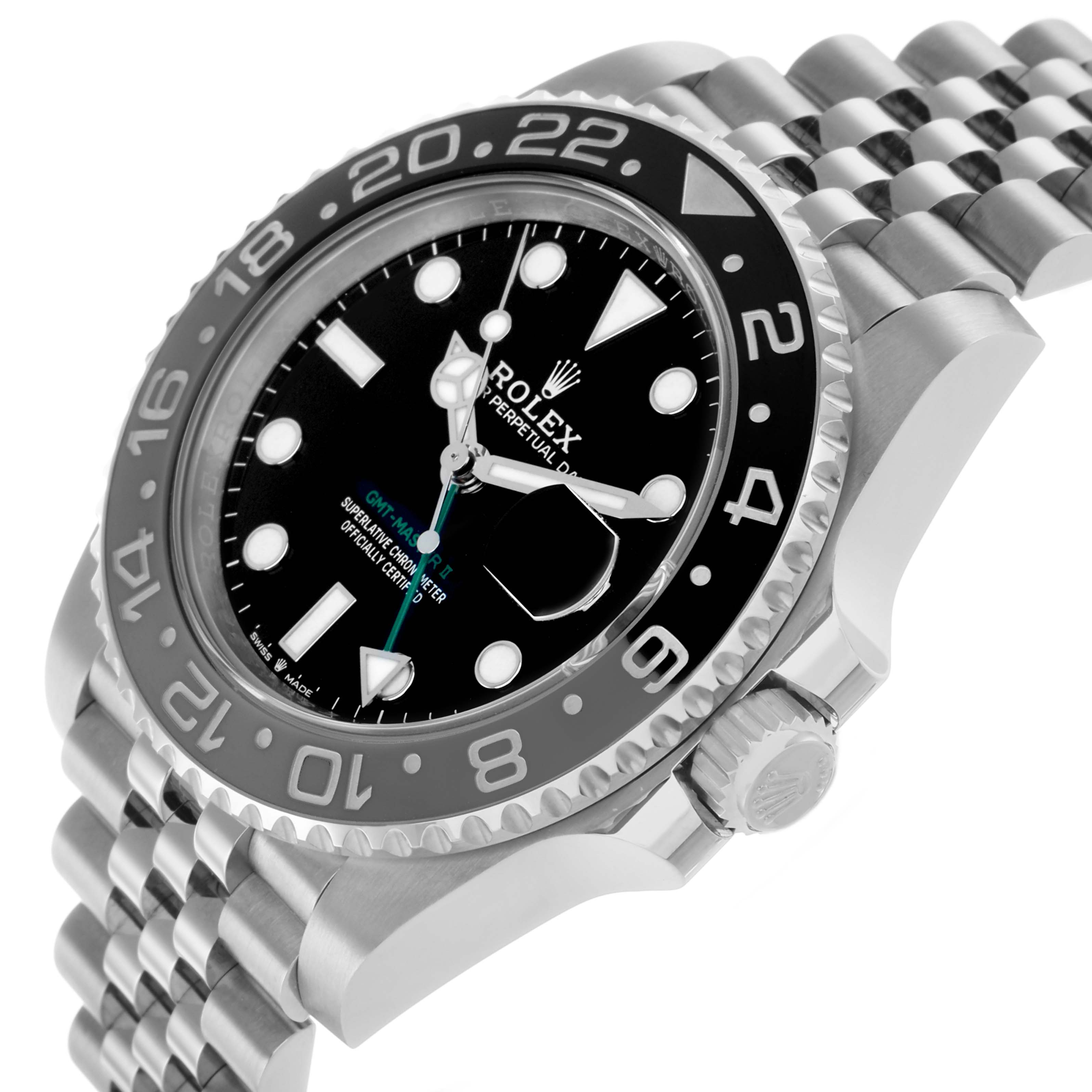 The Rolex GMT-Master 126710 Men
s Stainless Steel Black Dial watch is shown at a three-quarter angle highlighting the dial, bezel, crown, and part of the bracelet.