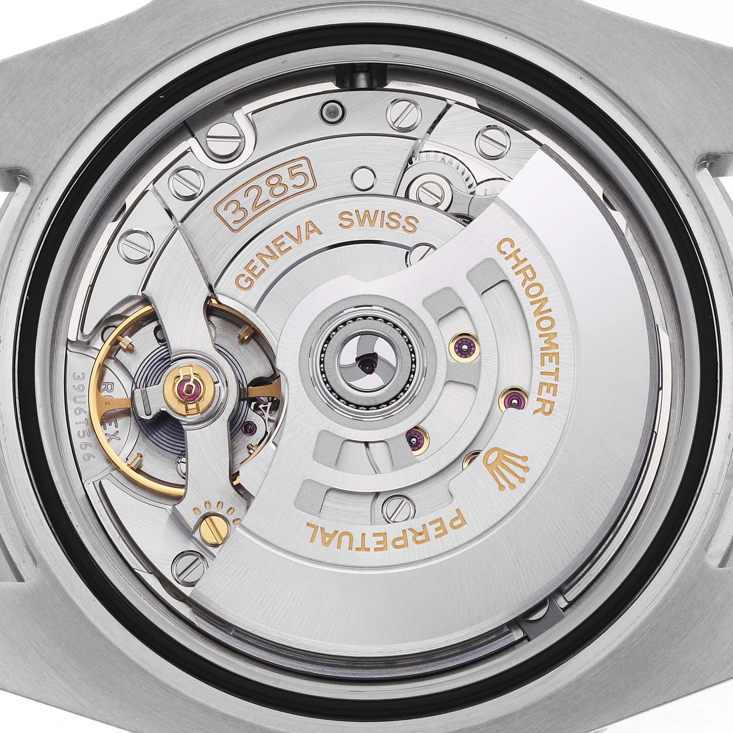 The image shows the back view of the Rolex GMT-Master 126710 Men
s Stainless Steel Black Dial, highlighting its movement and rotor mechanism.