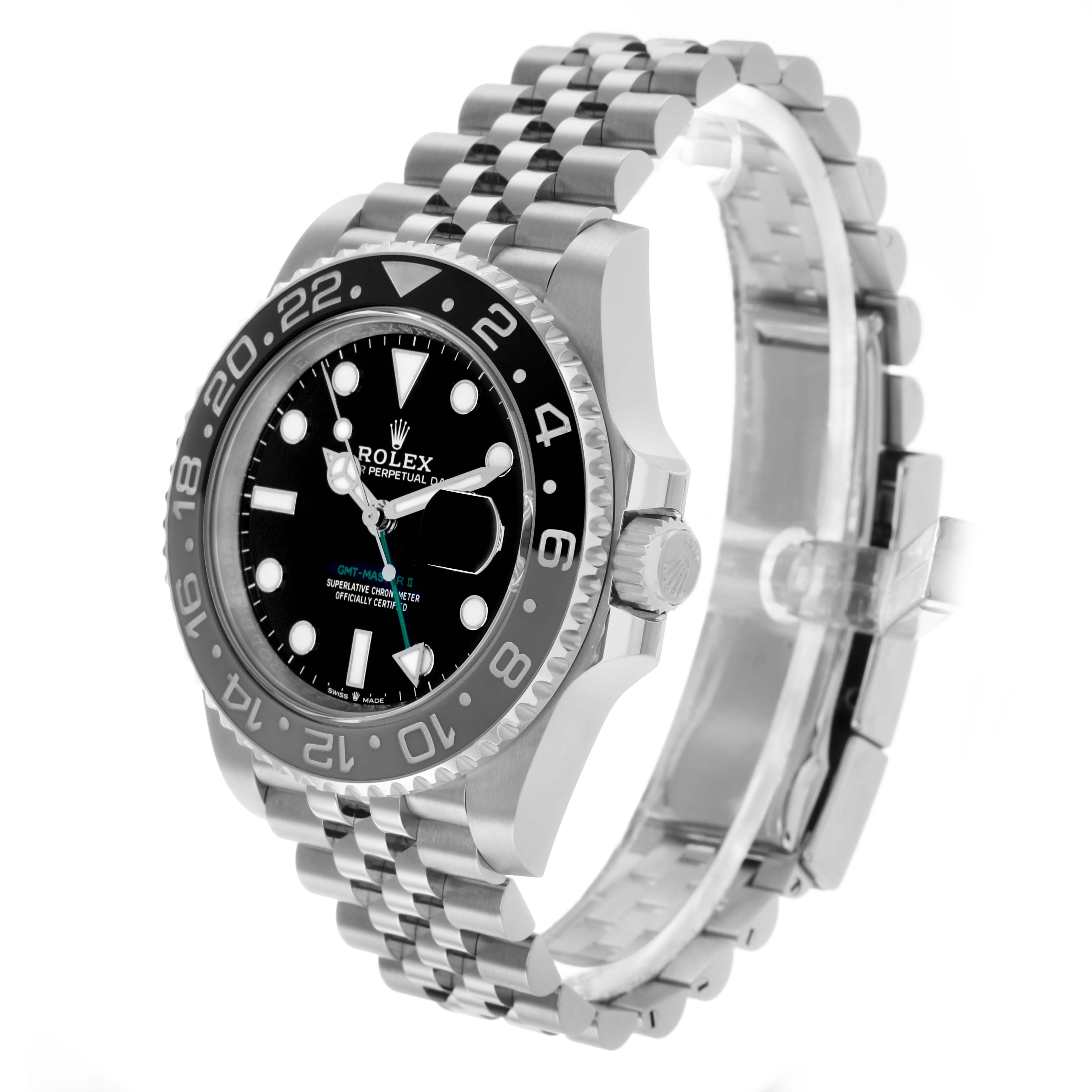 The Rolex GMT-Master 126710 Men
s Stainless Steel Black Dial watch is shown at a three-quarter angle, displaying the bezel, dial, case, and bracelet.