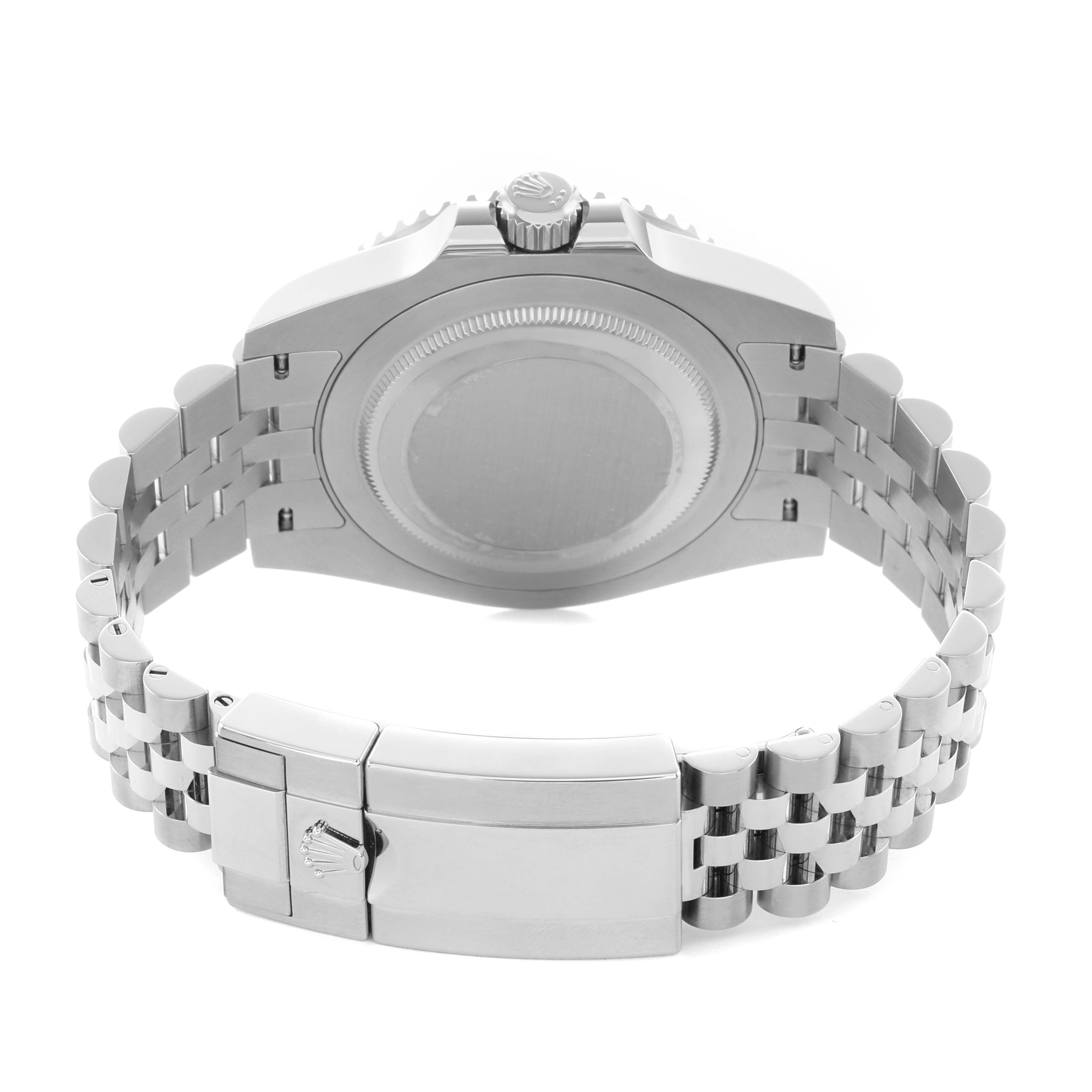 The image shows the back view of a Rolex GMT-Master 126710 Men
s Stainless Steel Black Dial watch, highlighting the case back and metal bracelet with clasp.