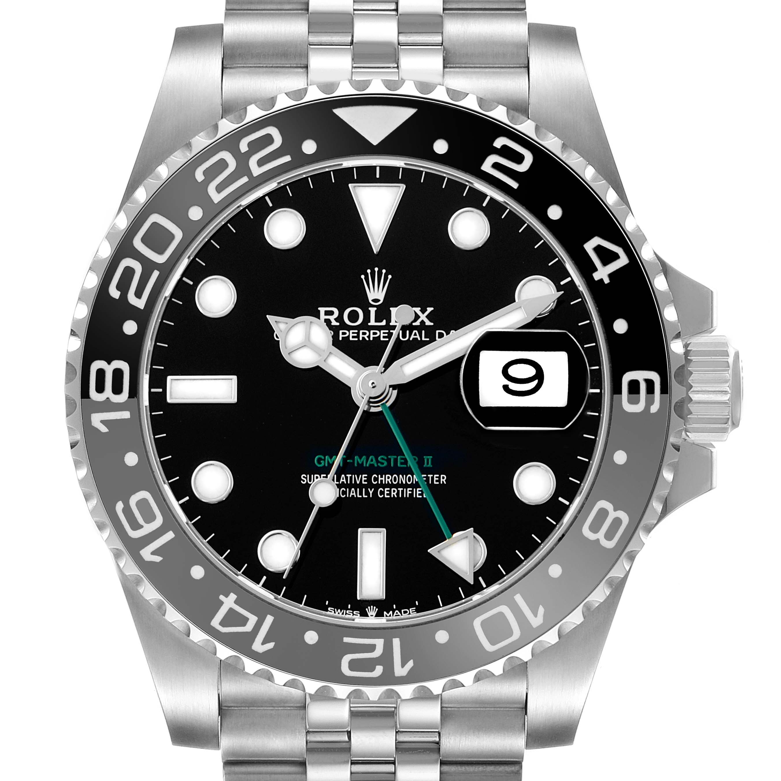 The image shows a front view of a Rolex GMT-Master 126710 Men
s Stainless Steel Black Dial II, highlighting the bezel, dial, hands, and bracelet.