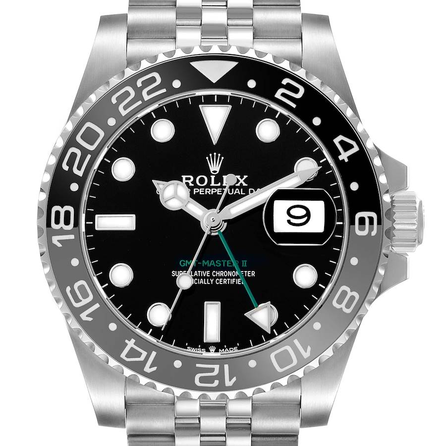 The image shows a front view of a Rolex GMT-Master 126710 Men's Stainless Steel Black Dial II, highlighting the bezel, dial, hands, and bracelet.