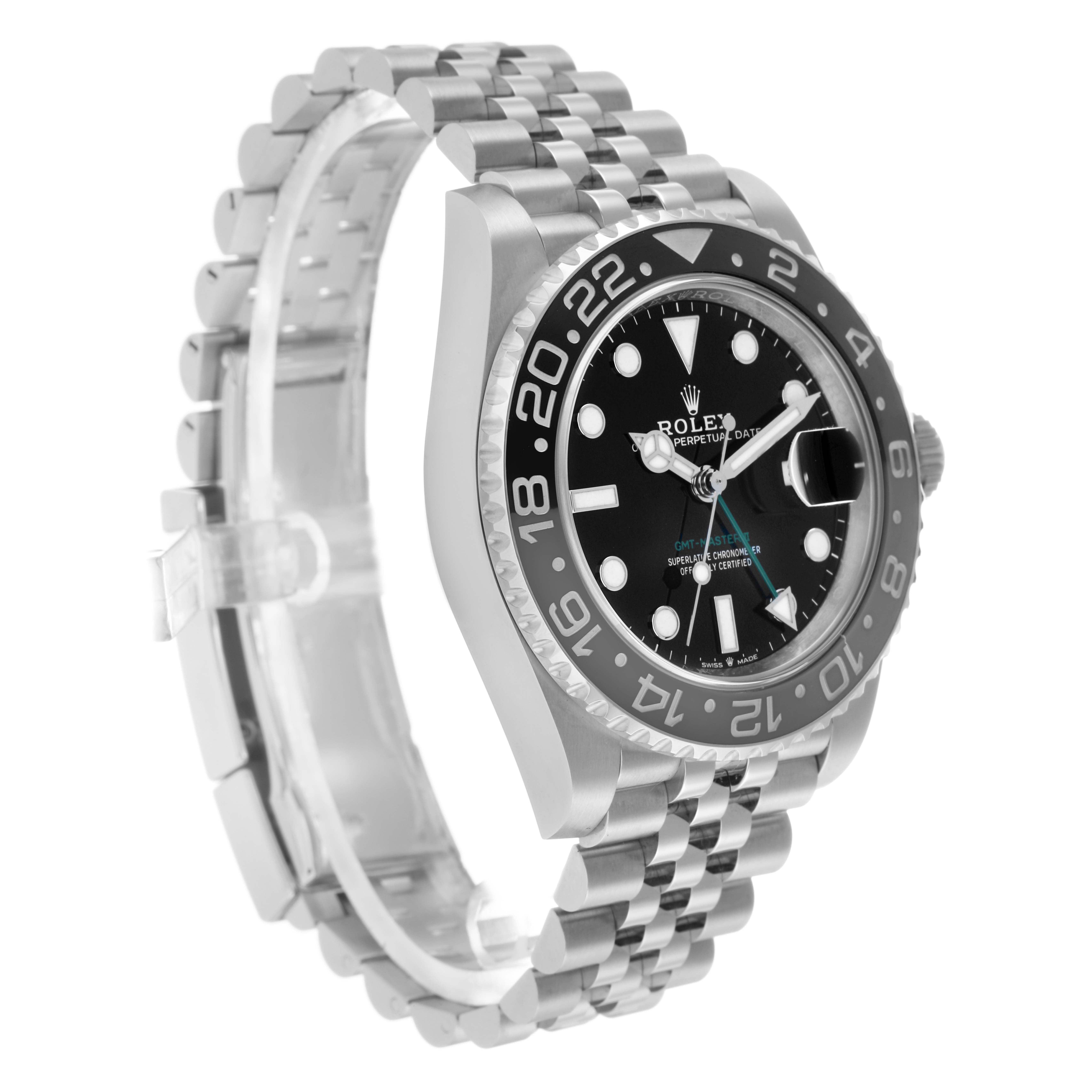The Rolex GMT-Master 126710 Men
s Stainless Steel Black Dial watch is shown at a slight angle, displaying the face, bezel, crown, and metal bracelet.