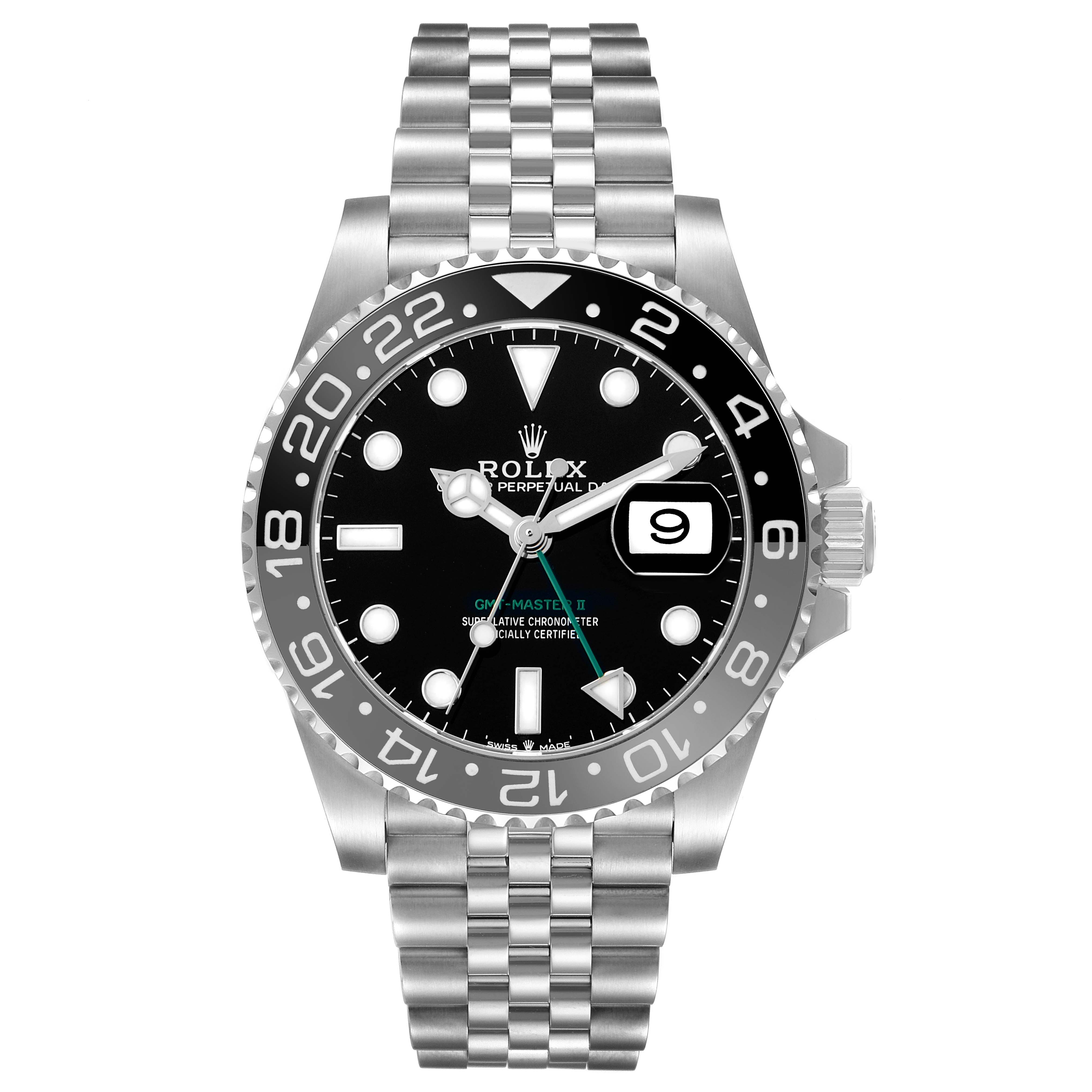 The Rolex GMT-Master 126710 Men
s Stainless Steel Black Dial watch is shown from the front, displaying the face, bezel, and bracelet links.