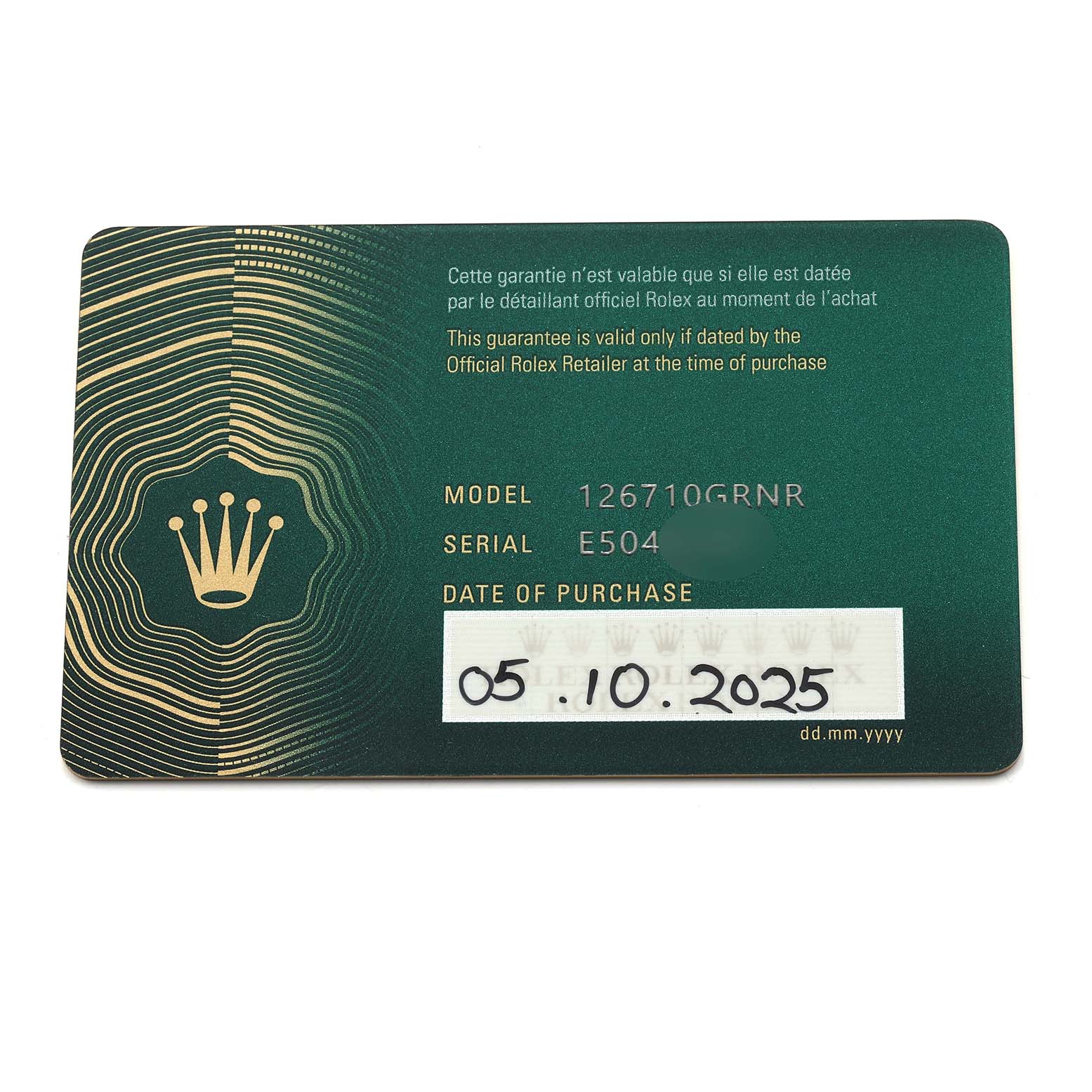 The image shows a warranty card for a Rolex GMT-Master 126710 Men
s Stainless Steel Black Dial, displaying the model number, serial number, and date of purchase.